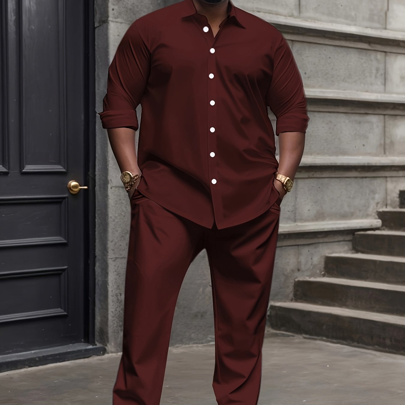1set Men'S Plus Size Casual Suit Set - Polyester Lapel Shirt with Slight Stretch,