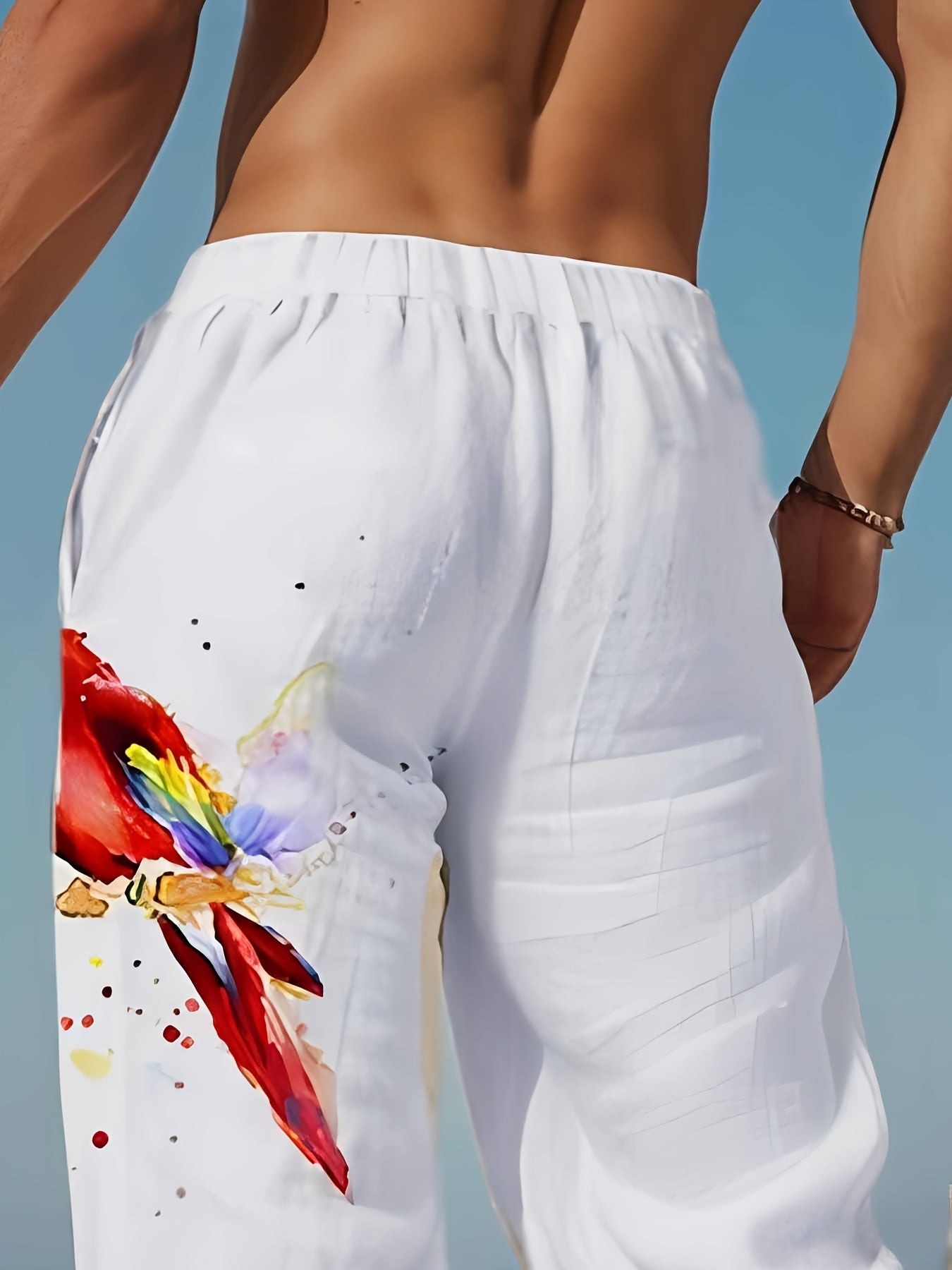 Men's Novelty Parrots Pattern Print Casual Drawstring Waist Beach Pants, Lightweight Outdoor Long Trousers For Summer