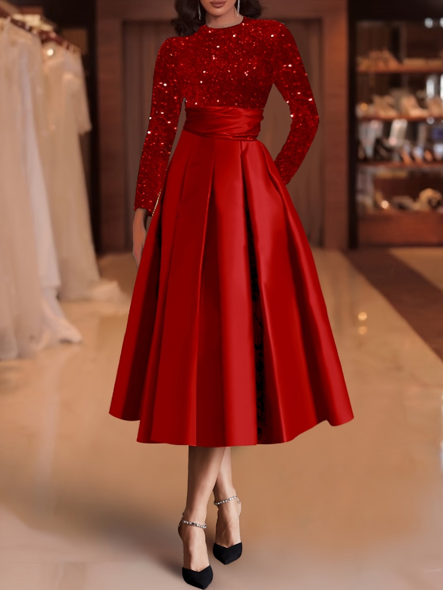 Elegant Satin Midi Dress for Women, Velvet