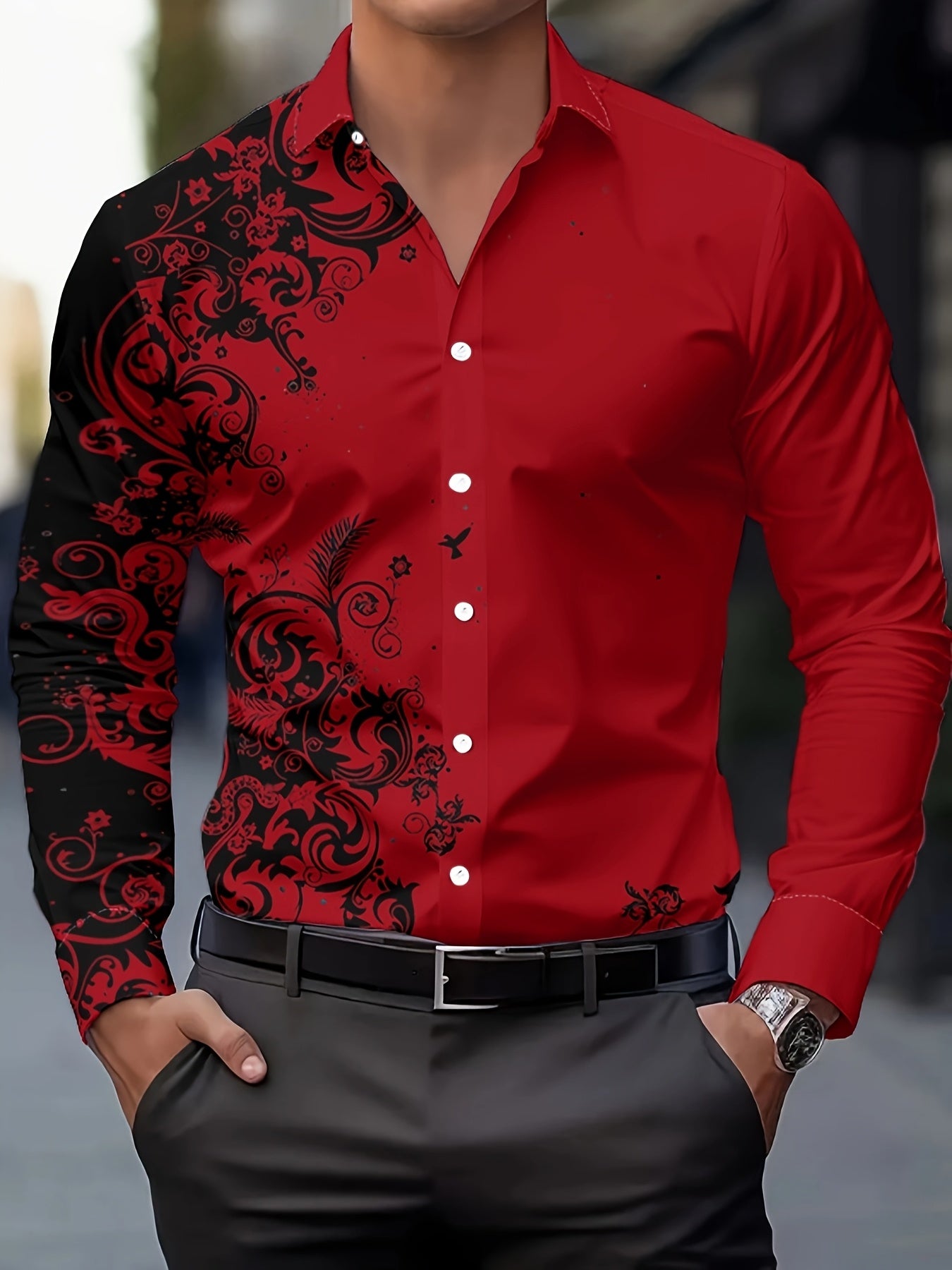 Men'S Fashion Print Shirt, Casual Polyester 100% Long Sleeve Button- Collared Shirt,Season