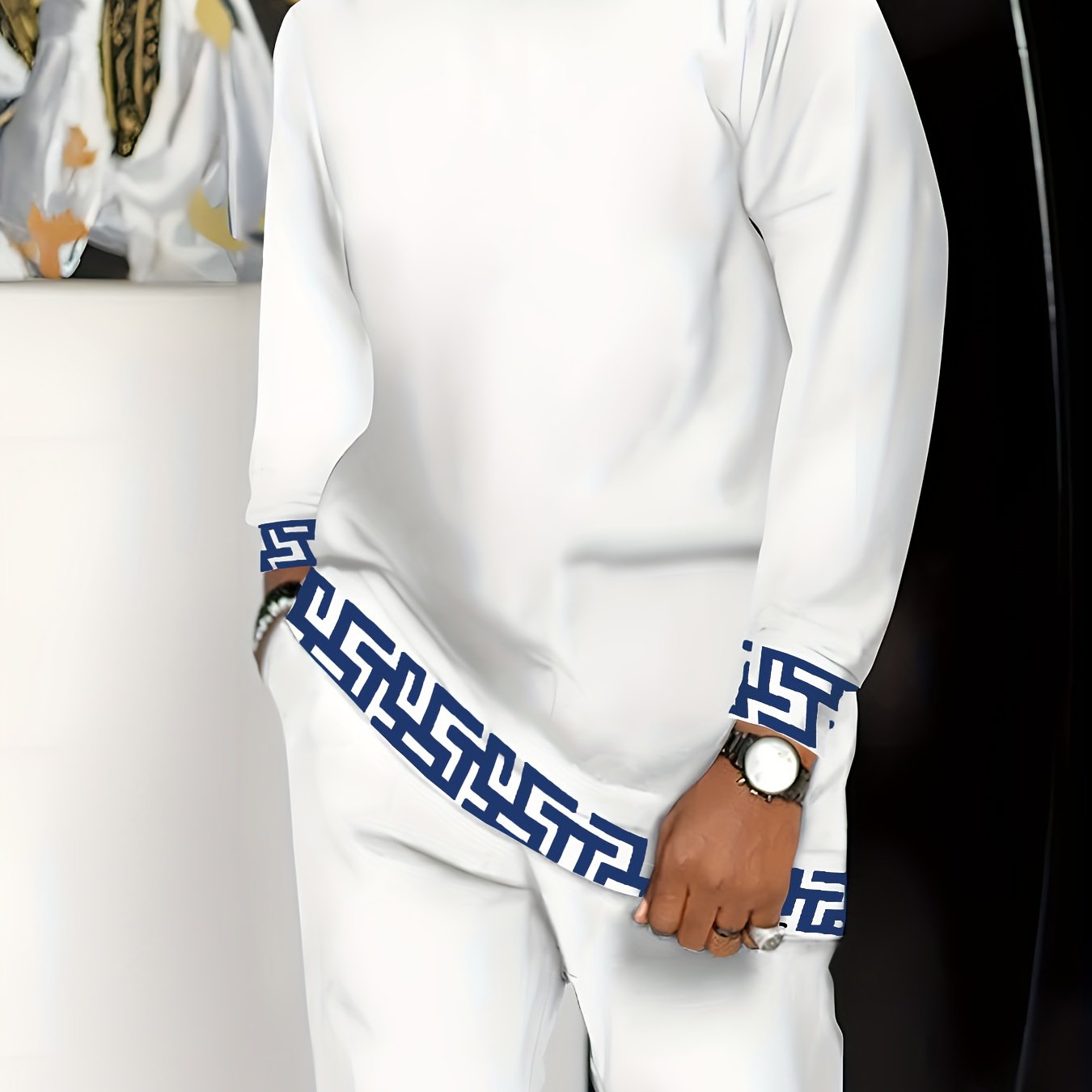 Men'S All-Season Casual Crew Neck Long-Sleeve Trousers, Geometric Pattern Knit Polyester