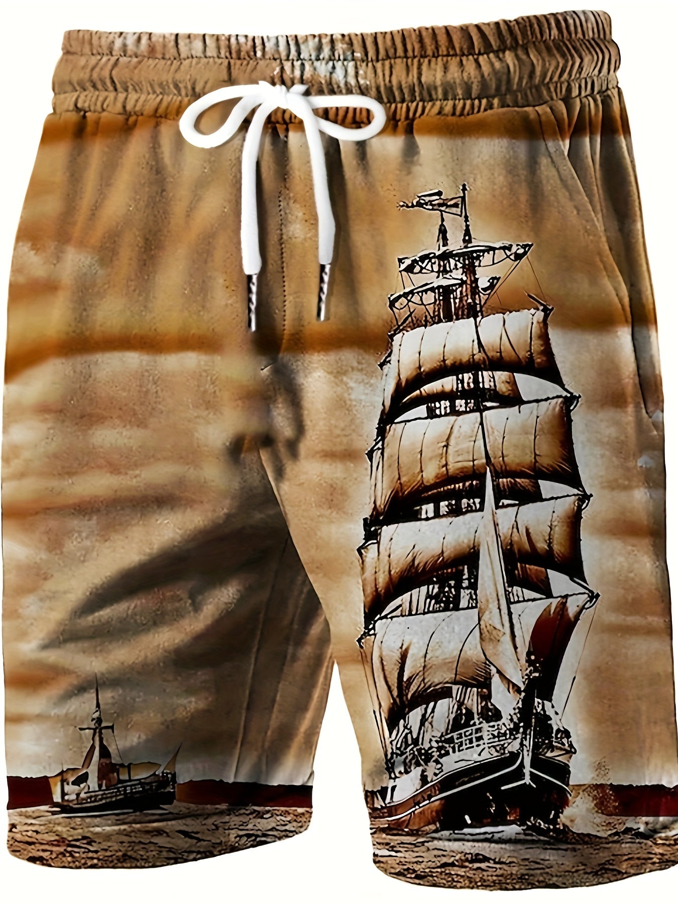 Men's Casual Beach Shorts with Vivid Digital Print of Sailing Ship -