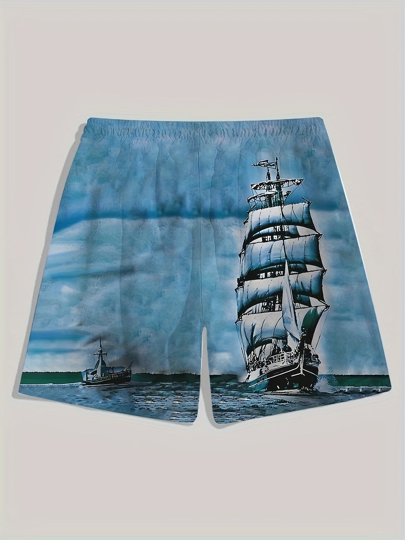 Men's Casual Beach Shorts with Vivid Digital Print of Sailing Ship -