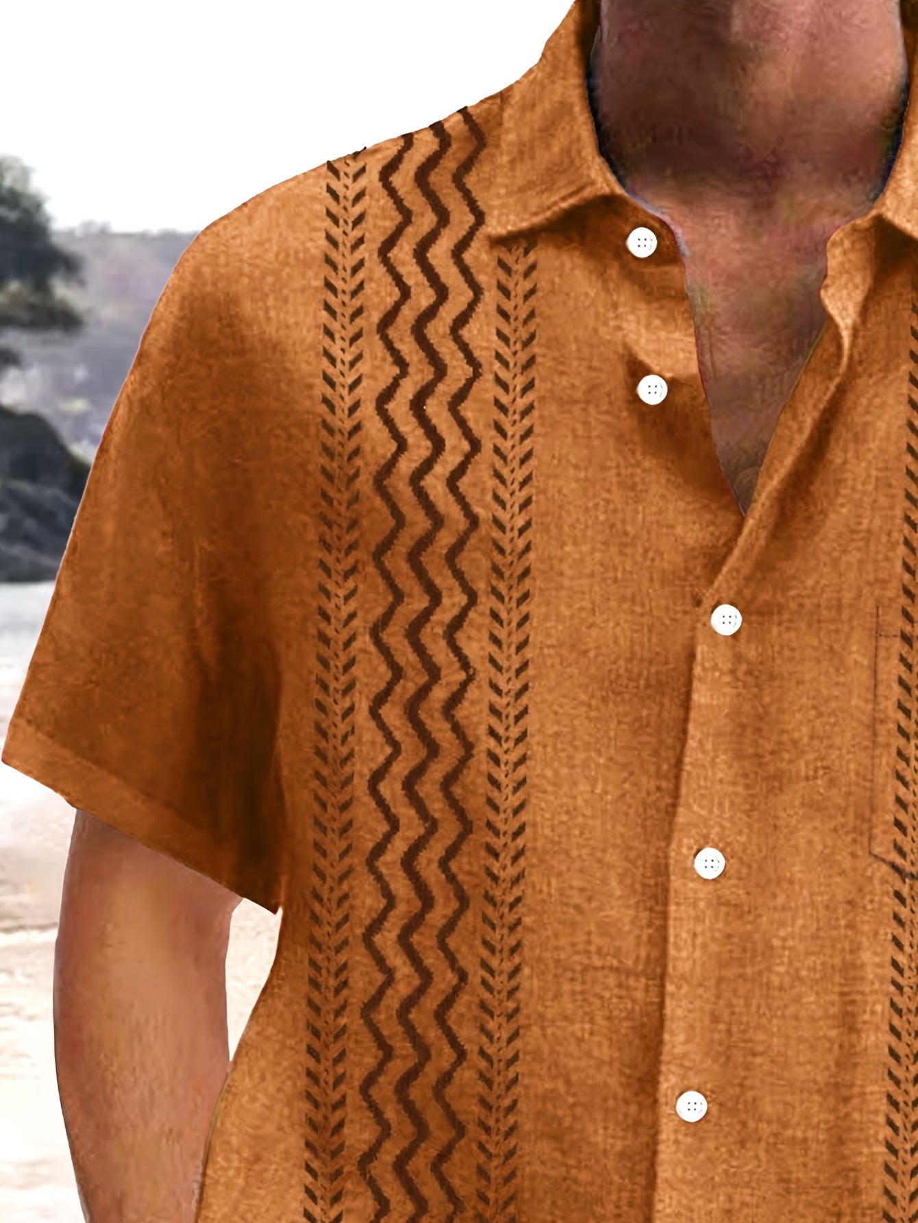 Men's Vintage Bohemian Geometric Print Short Sleeve Shirt with Button Pocket -