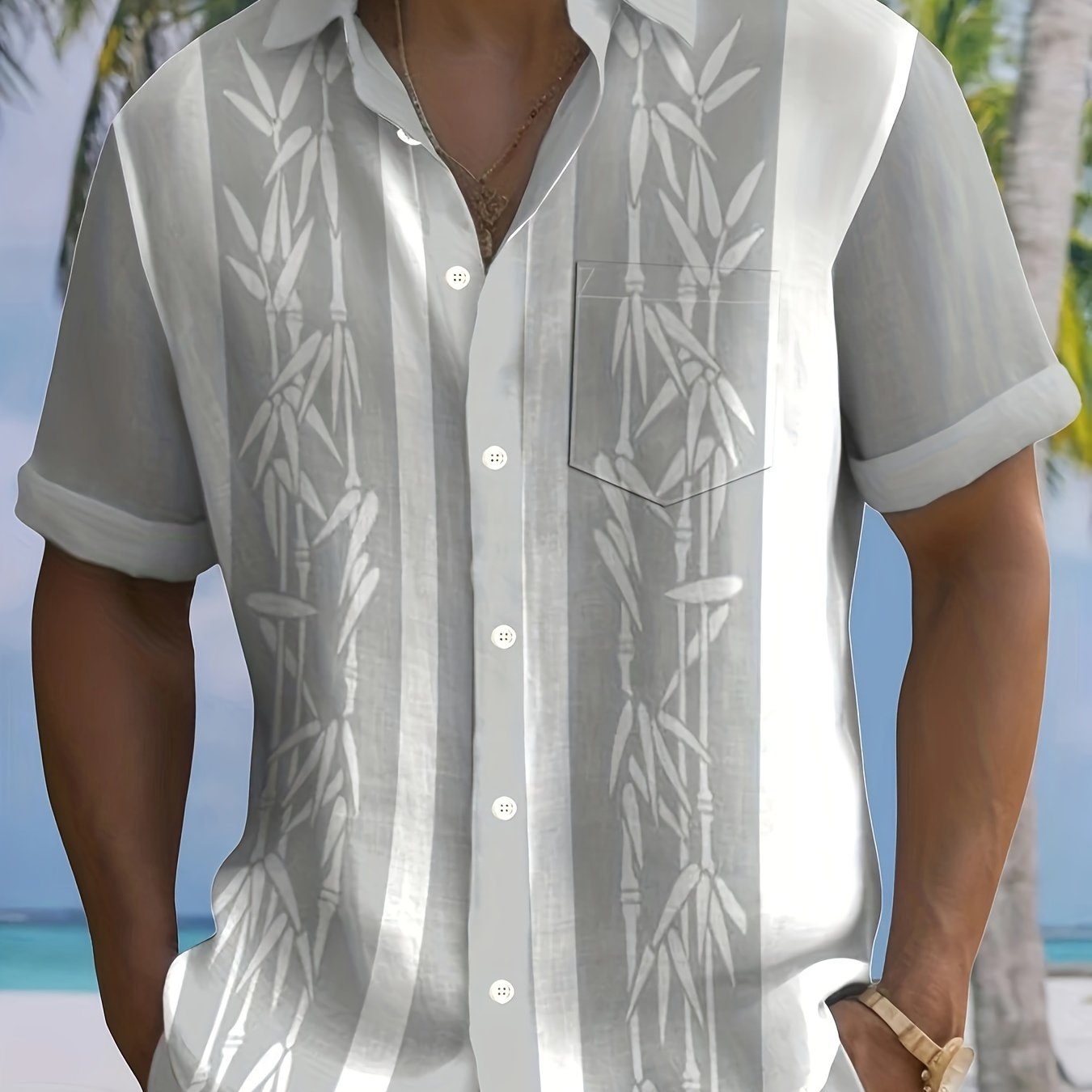 Men's Tropical Bamboo Print Button-Up Shirt with Pockets - Vintage Style,