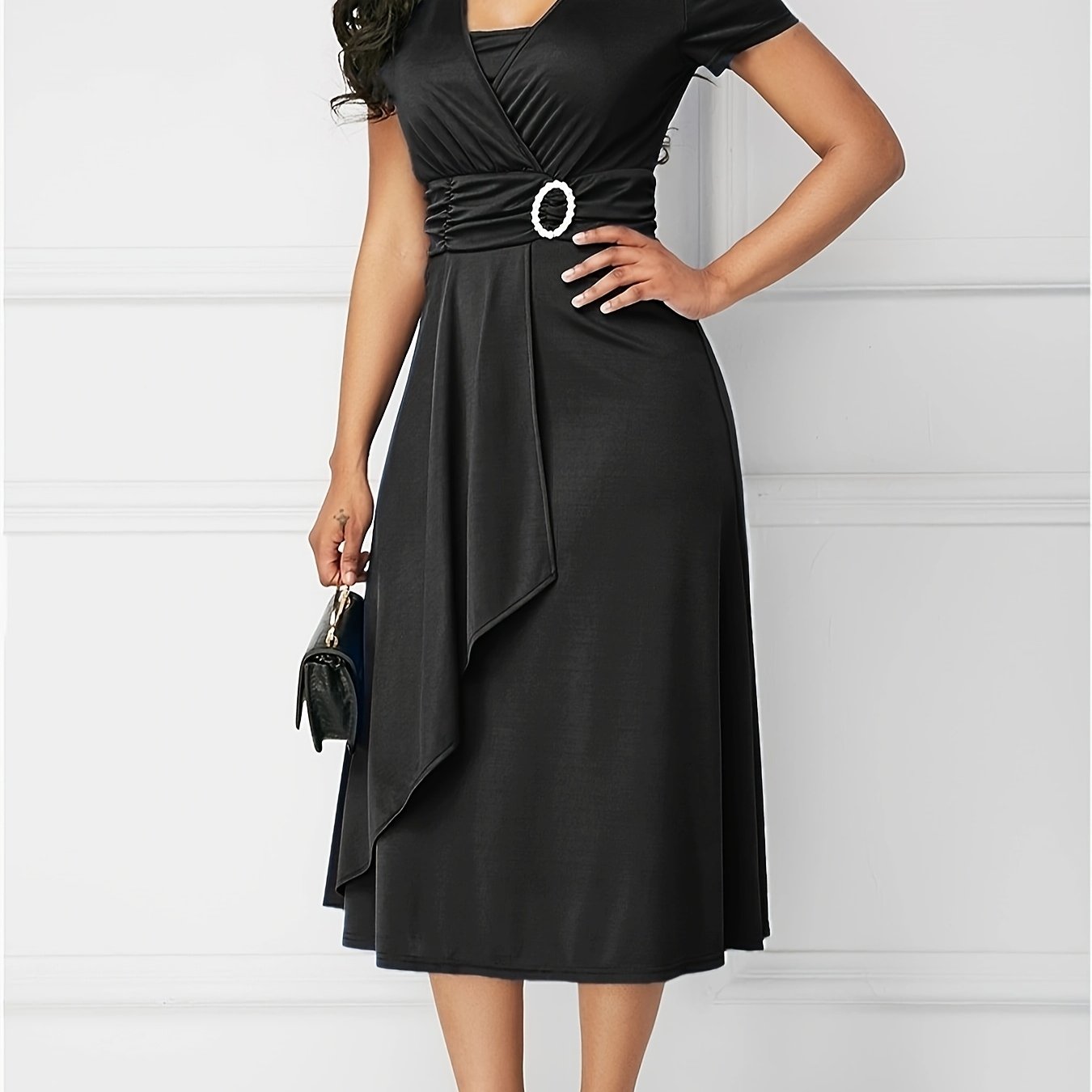 Plus Size Casual Midi Dress, Polyester V-Neck with Short