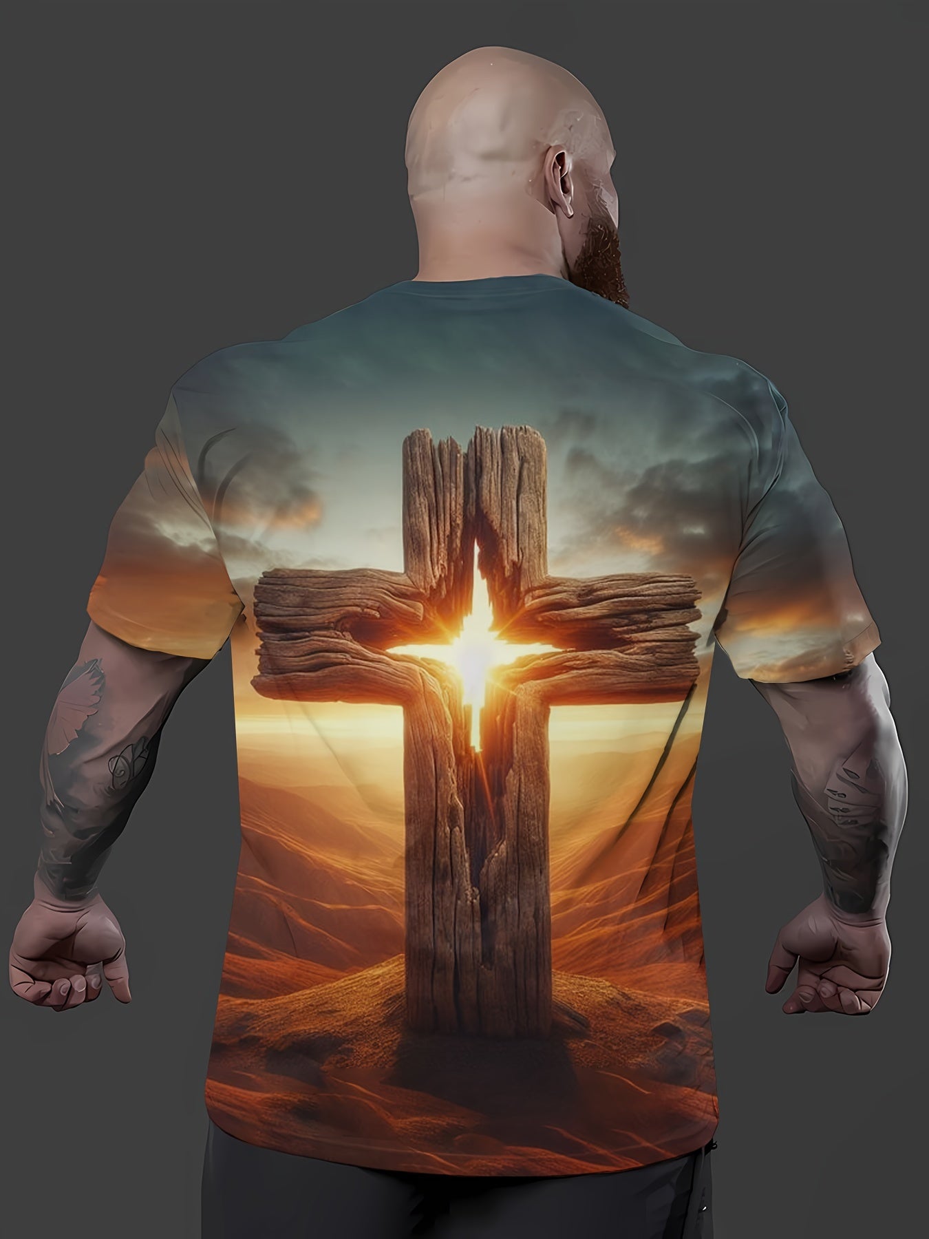 Men's Casual Cross Print T-Shirt - Short Sleeve, Round Neck,
