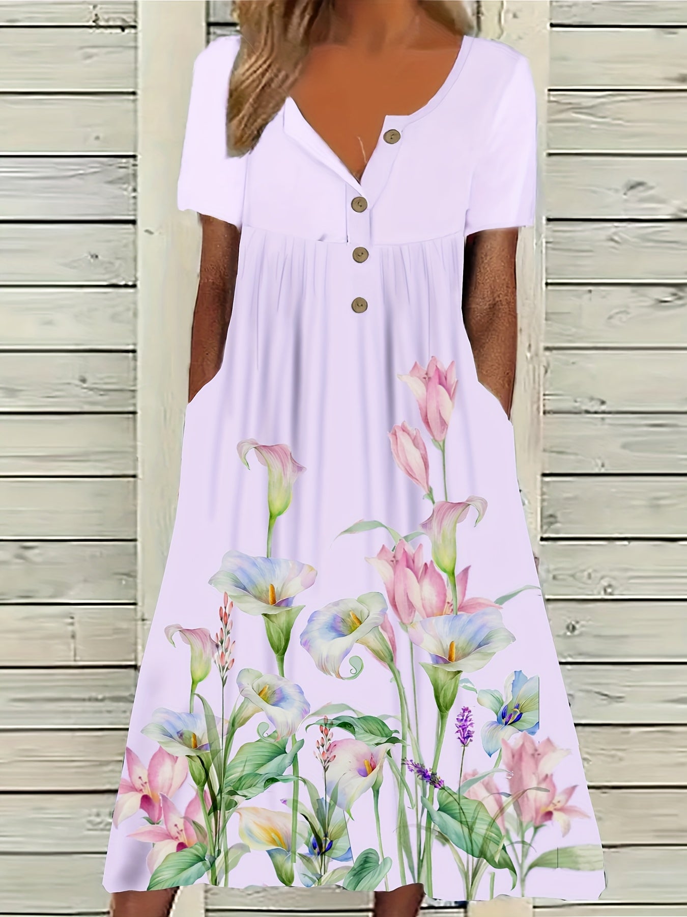 Women'S Plus Size Floral Print Tunic Dress,Vacation Style, Big-Tall Silhouette, Midi Length, Half Placket Button Detail
