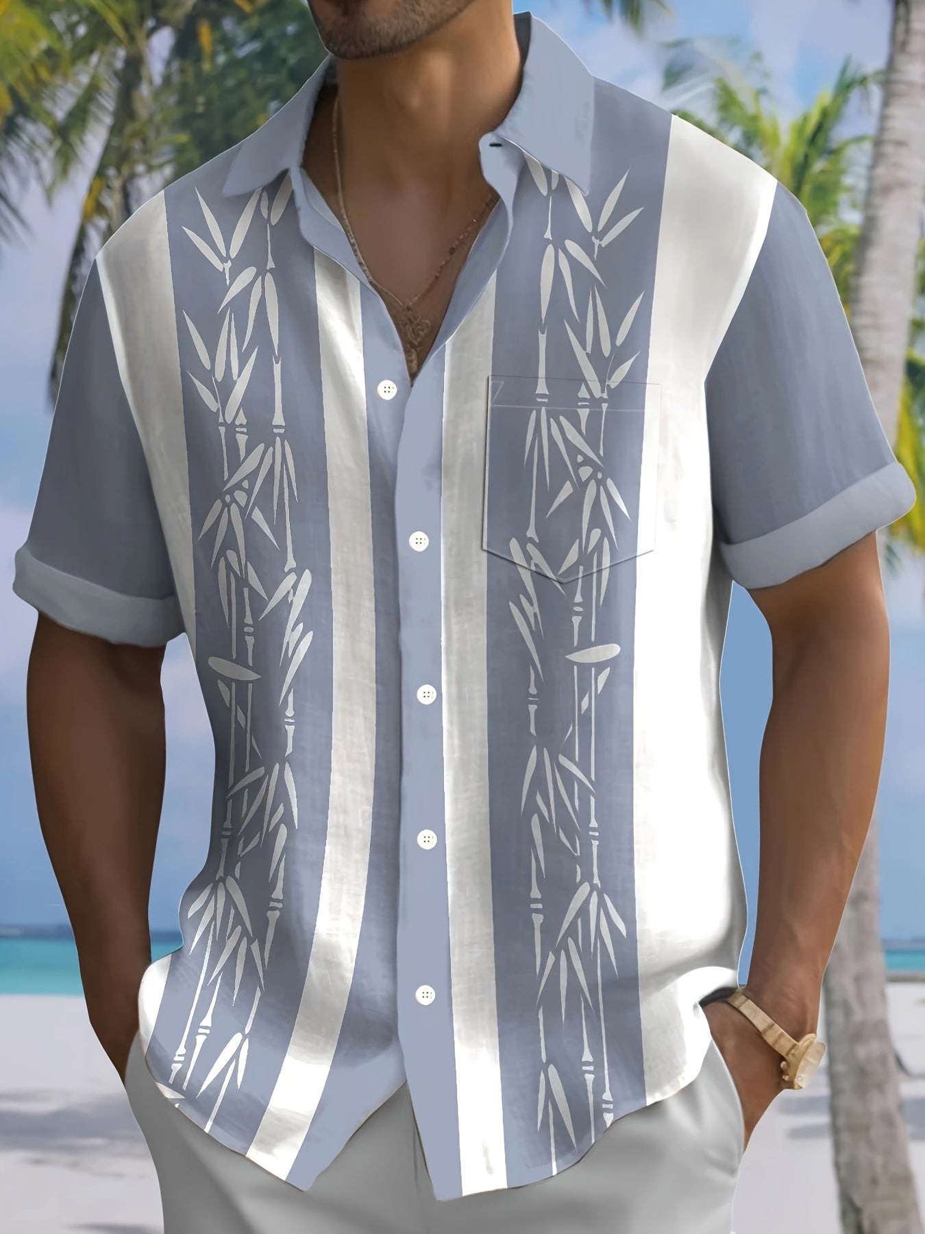 Men's Tropical Bamboo Print Button-Up Shirt with Pockets - Vintage Style,