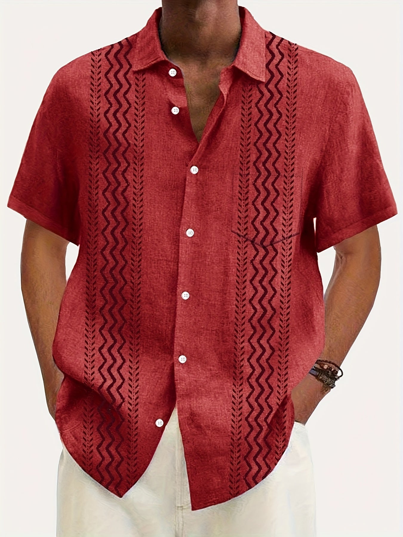 Men's Vintage Bohemian Geometric Print Short Sleeve Shirt with Button Pocket -
