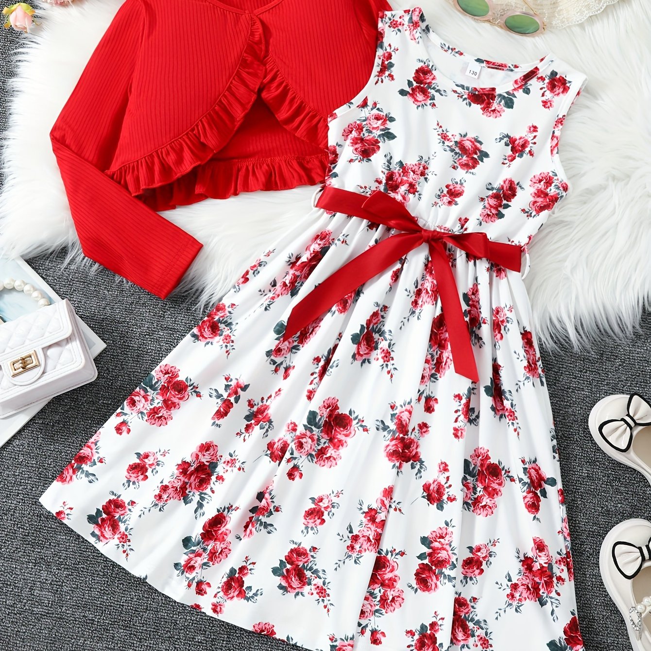 Elegant Toddle Girls 2 Piece Set Ruffle Decoration Cardigan Flower Print Sleeveless DressGifts