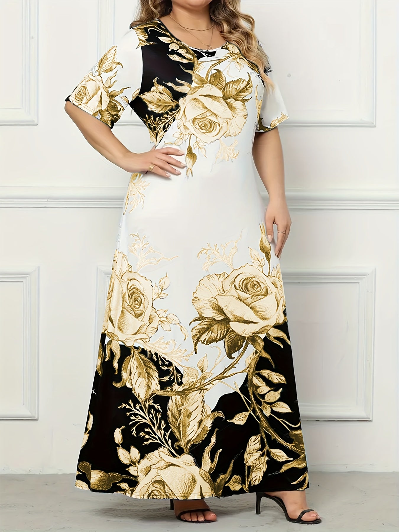 Plus Size Floral Print Dress, Elegant Short Sleeve Crew Neck Dress For Spring & Summer, Women's Plus Size Clothing