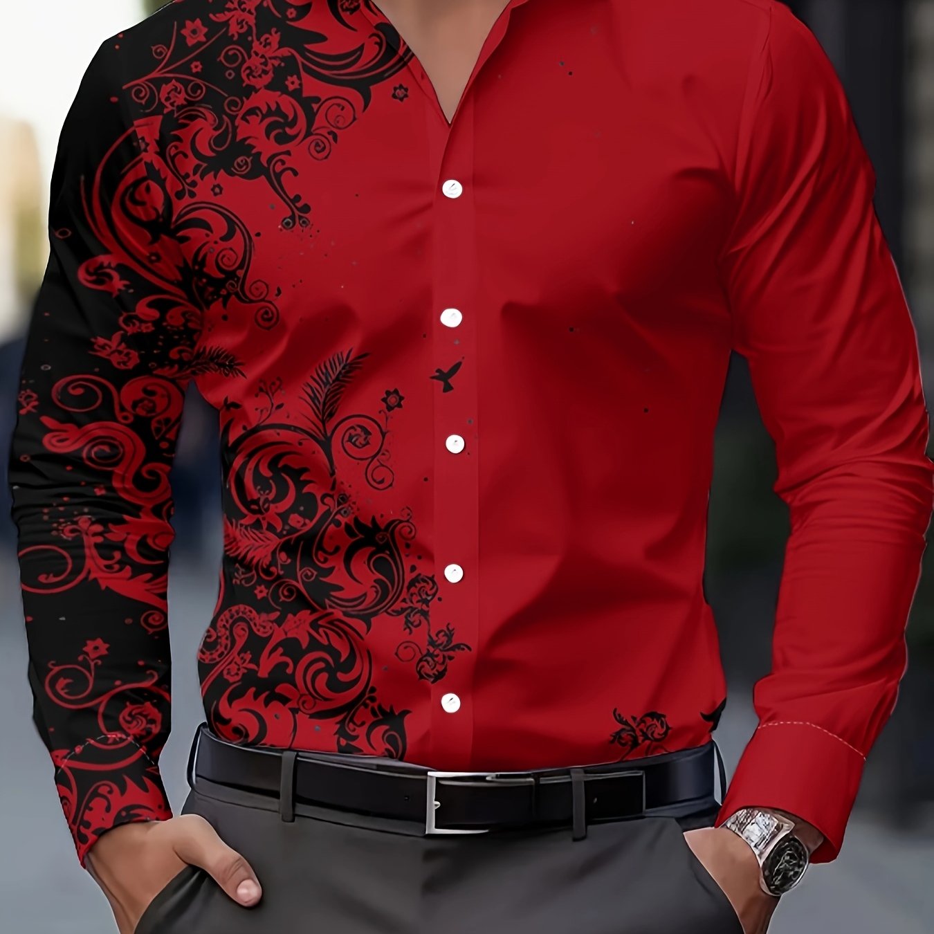 Men'S Fashion Print Shirt, Casual Polyester 100% Long Sleeve Button- Collared Shirt,Season