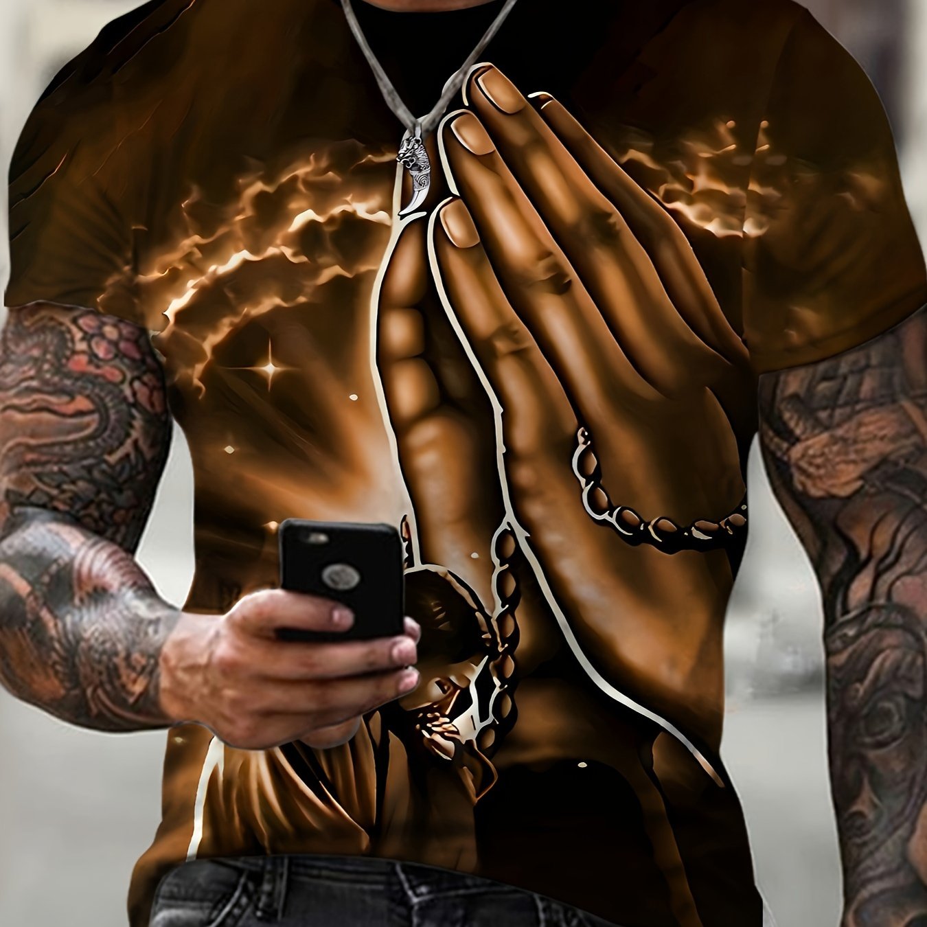Men's Plus Size 3D Prayer Hands Graphic Tee - Casual & Party-Ready