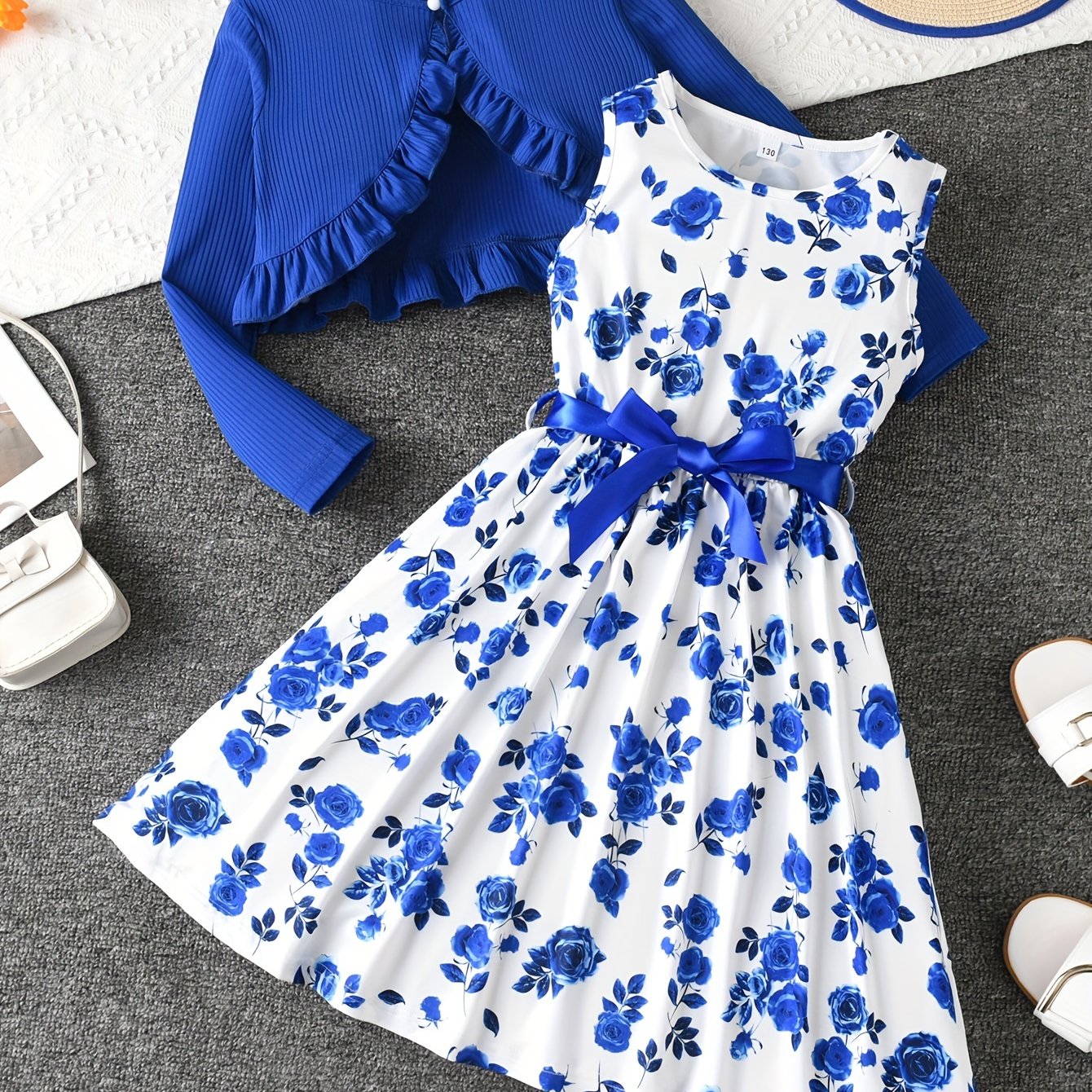 Elegant Toddle Girls 2 Piece Set Ruffle Decoration Cardigan Flower Print Sleeveless DressGifts