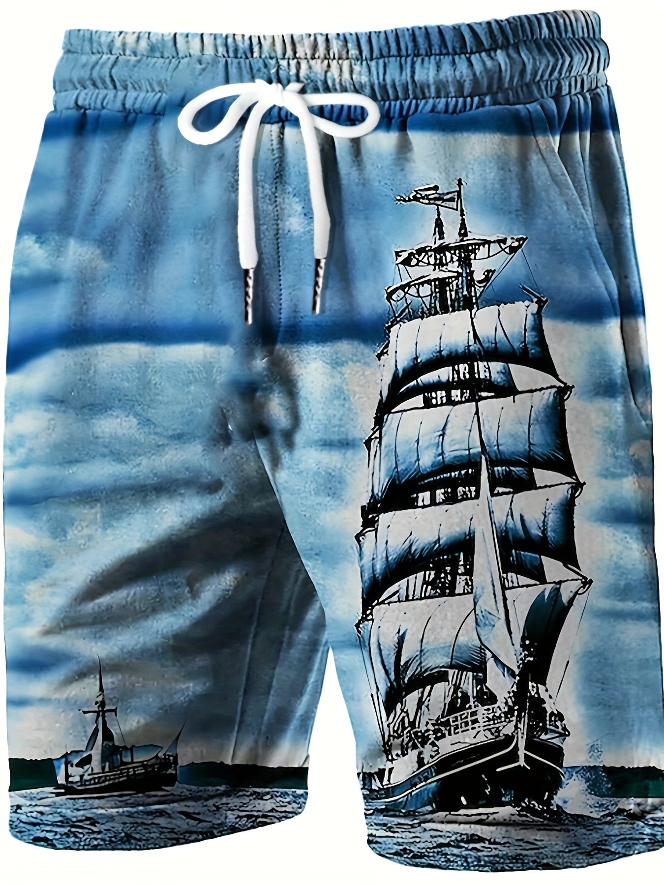 Men's Casual Beach Shorts with Vivid Digital Print of Sailing Ship -