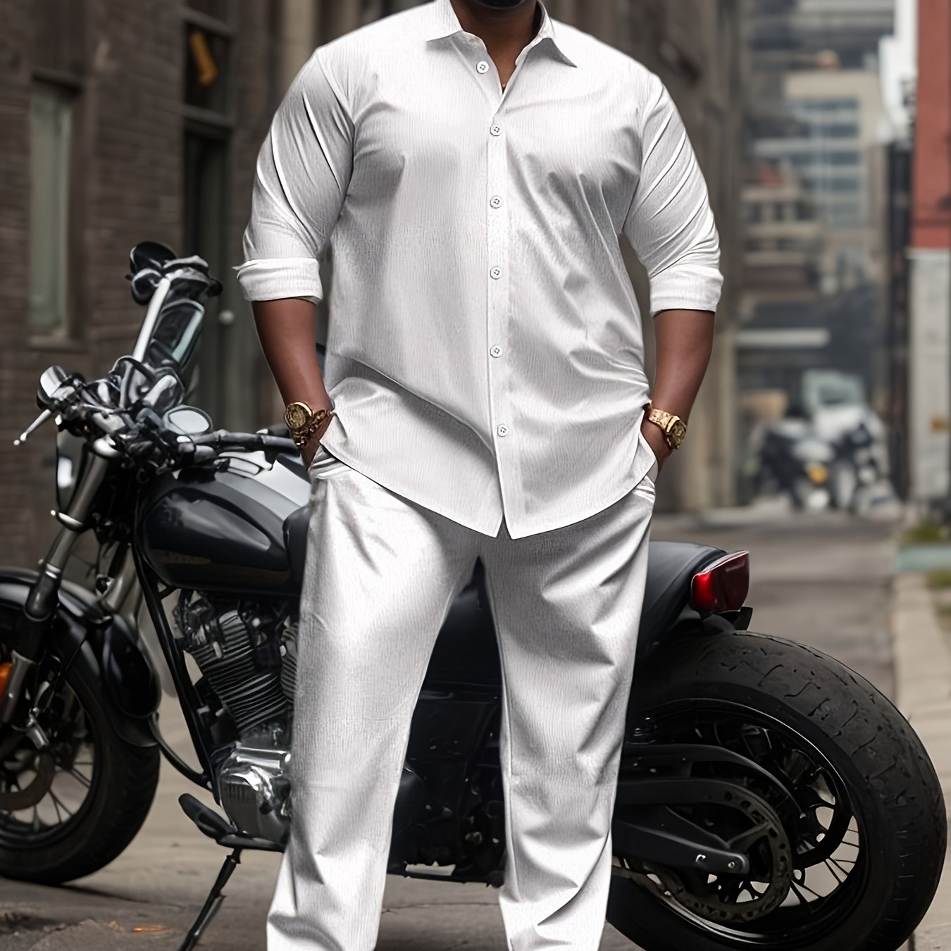 1set Men'S Plus Size Casual Suit Set - Polyester Lapel Shirt with Slight Stretch,