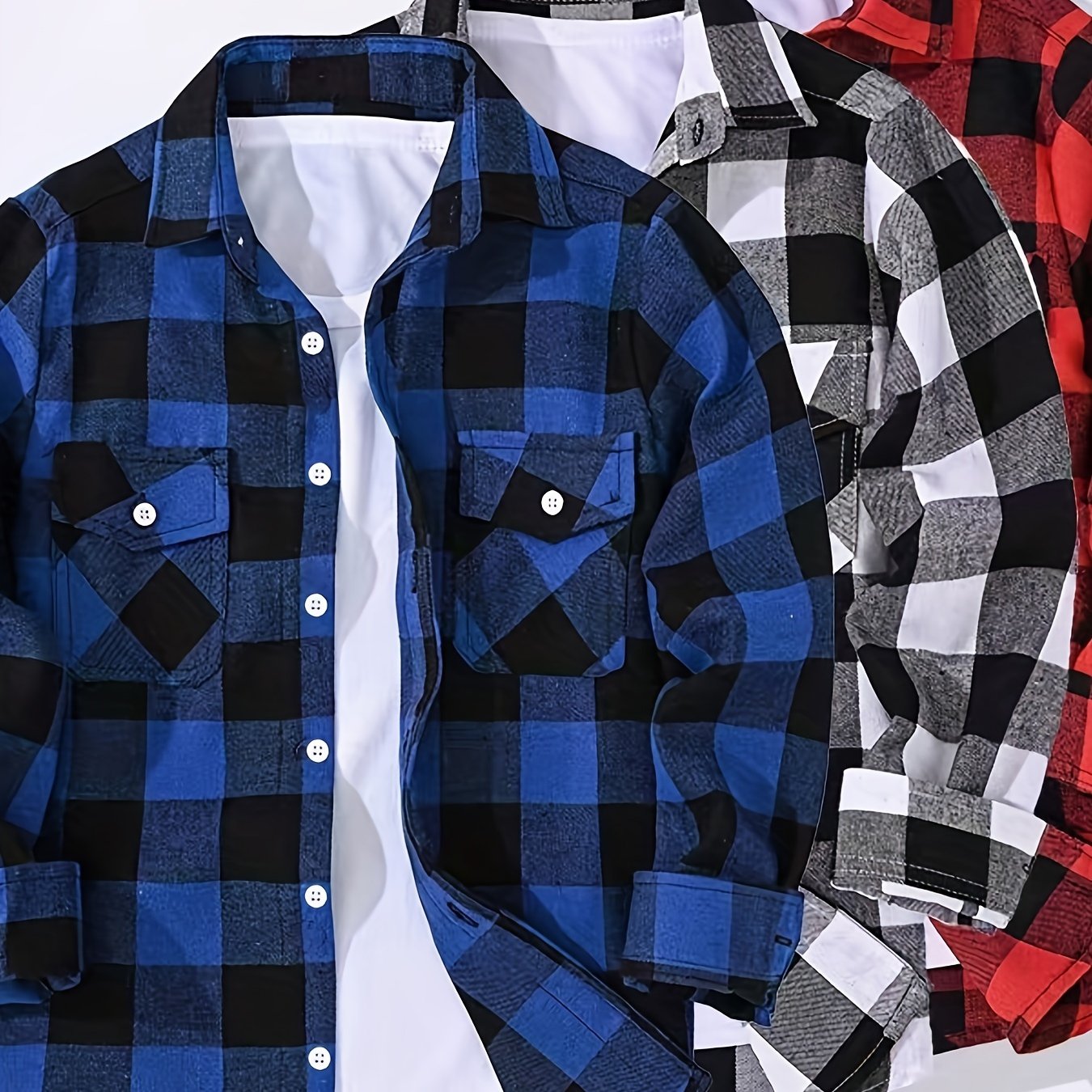 3pcs Men'S Plaid Long Sleeve Casual Shirts with Lapel Collar, Pocket Details, all