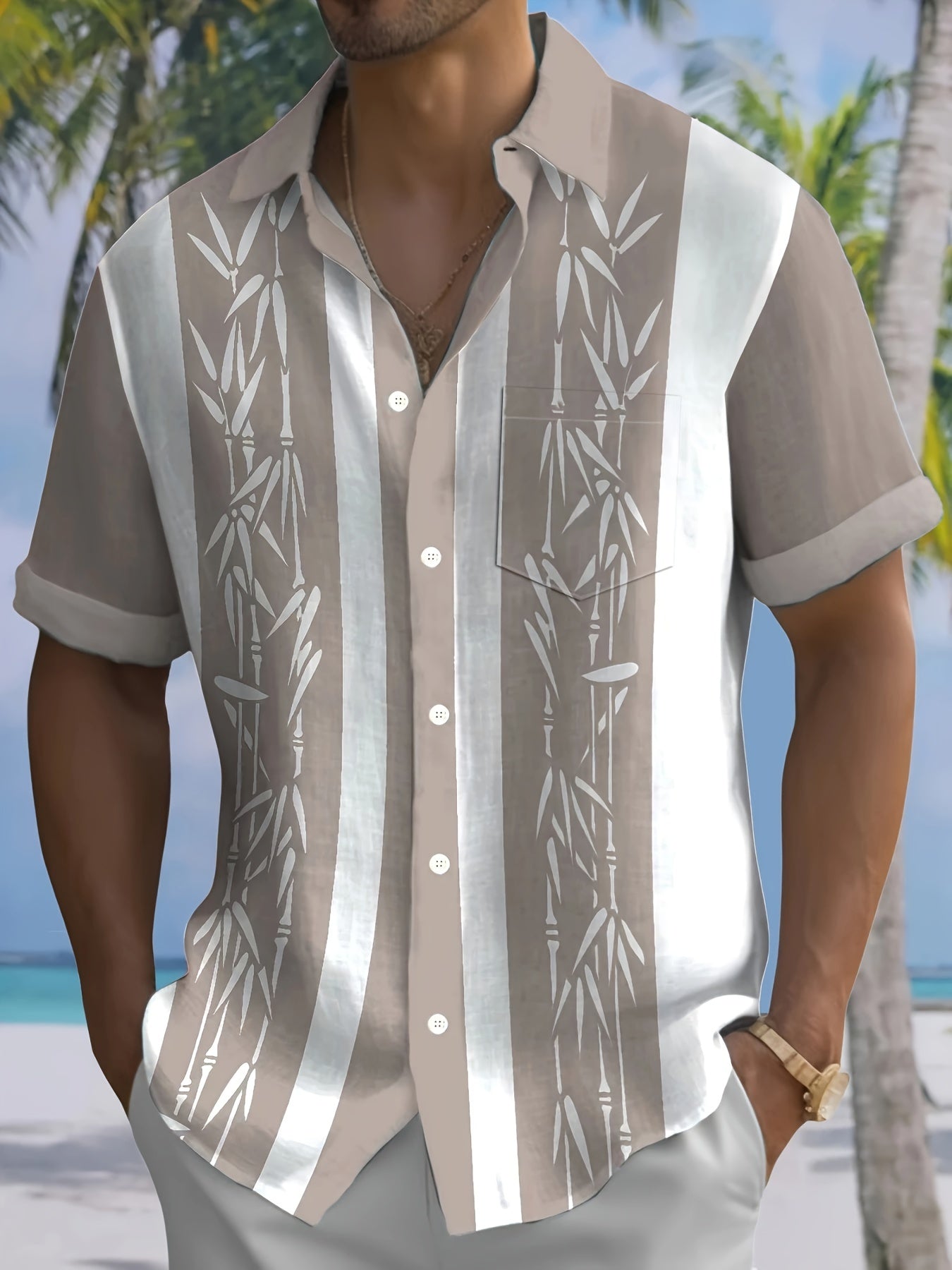 Men's Tropical Bamboo Print Button-Up Shirt with Pockets - Vintage Style,