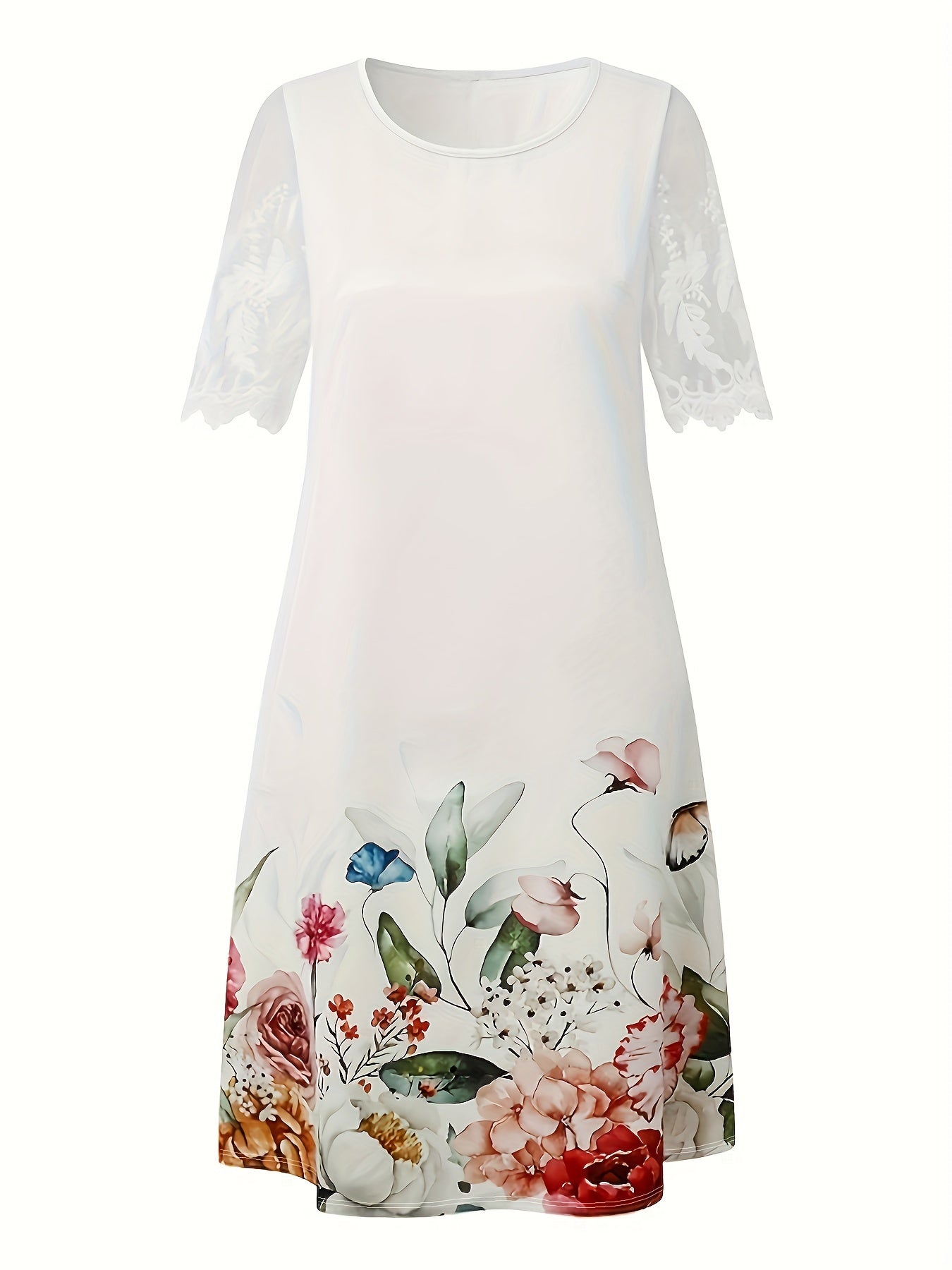Floral Print Clashing Color Round Neck Fashion Elegant Dresses