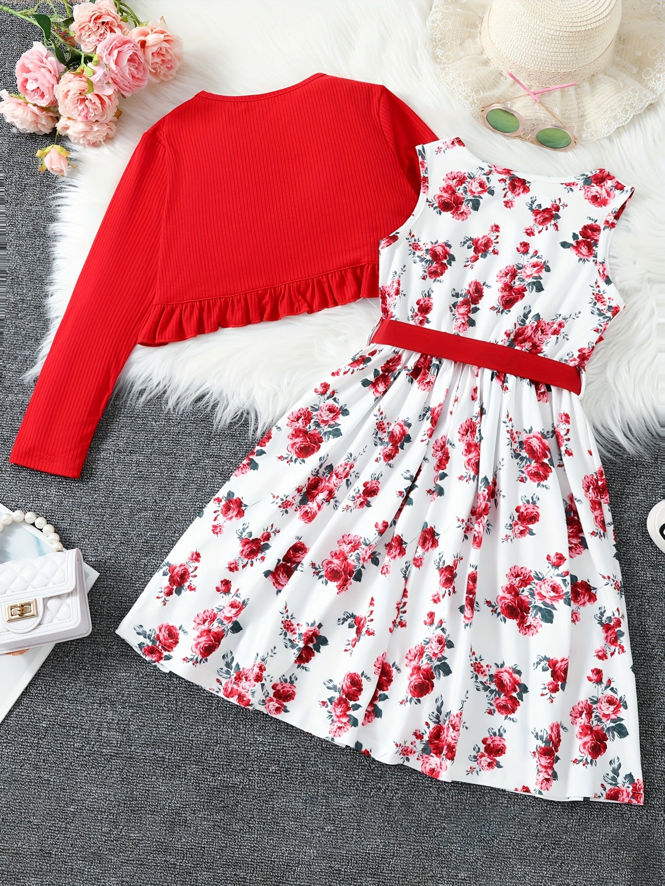 Elegant Toddle Girls 2 Piece Set Ruffle Decoration Cardigan Flower Print Sleeveless DressGifts