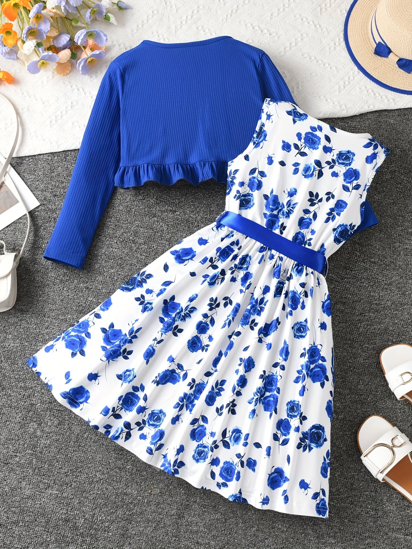 Elegant Toddle Girls 2 Piece Set Ruffle Decoration Cardigan Flower Print Sleeveless DressGifts