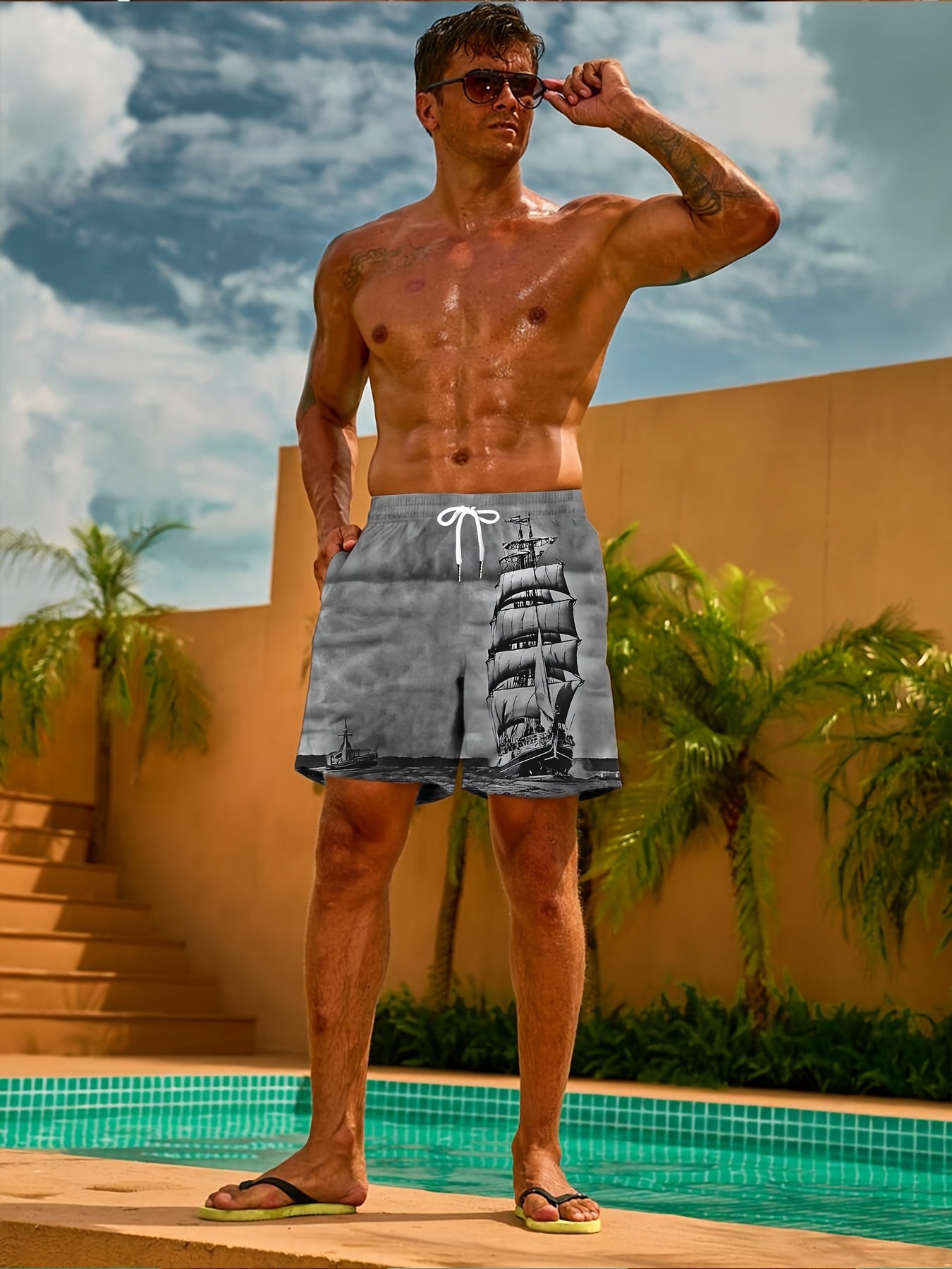 Men's Casual Beach Shorts with Vivid Digital Print of Sailing Ship -