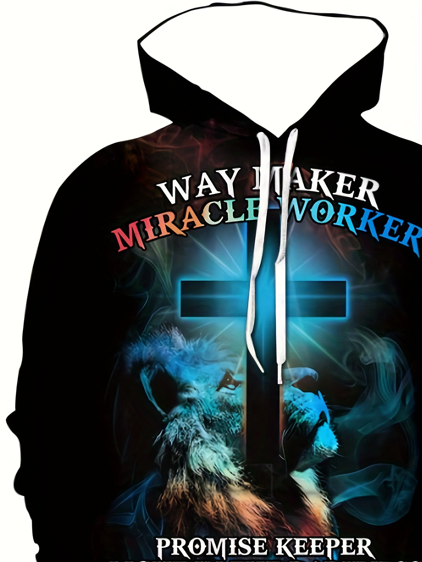 Lion And Cross Pattern And MIRACLE WORKER Letter Print Hooded Sweatshirt With Drawstring For Men