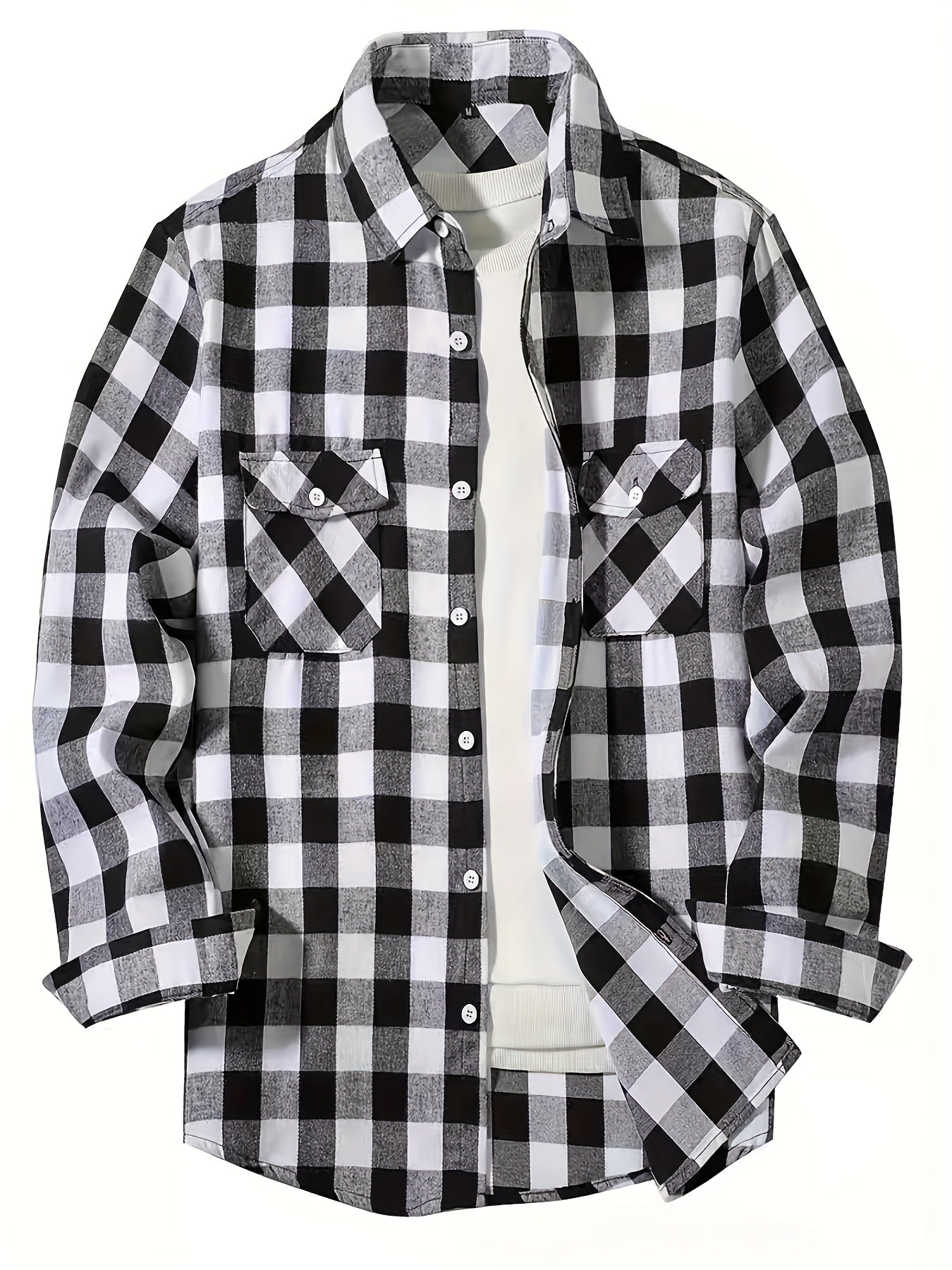 3pcs Men'S Plaid Long Sleeve Casual Shirts with Lapel Collar, Pocket Details, all