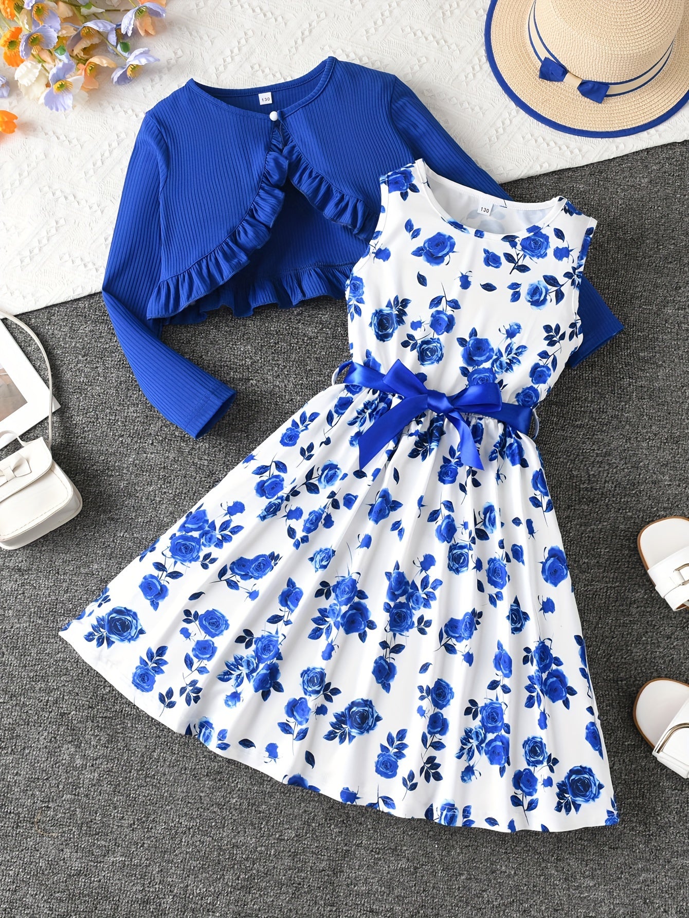 Elegant Toddle Girls 2 Piece Set Ruffle Decoration Cardigan Flower Print Sleeveless DressGifts