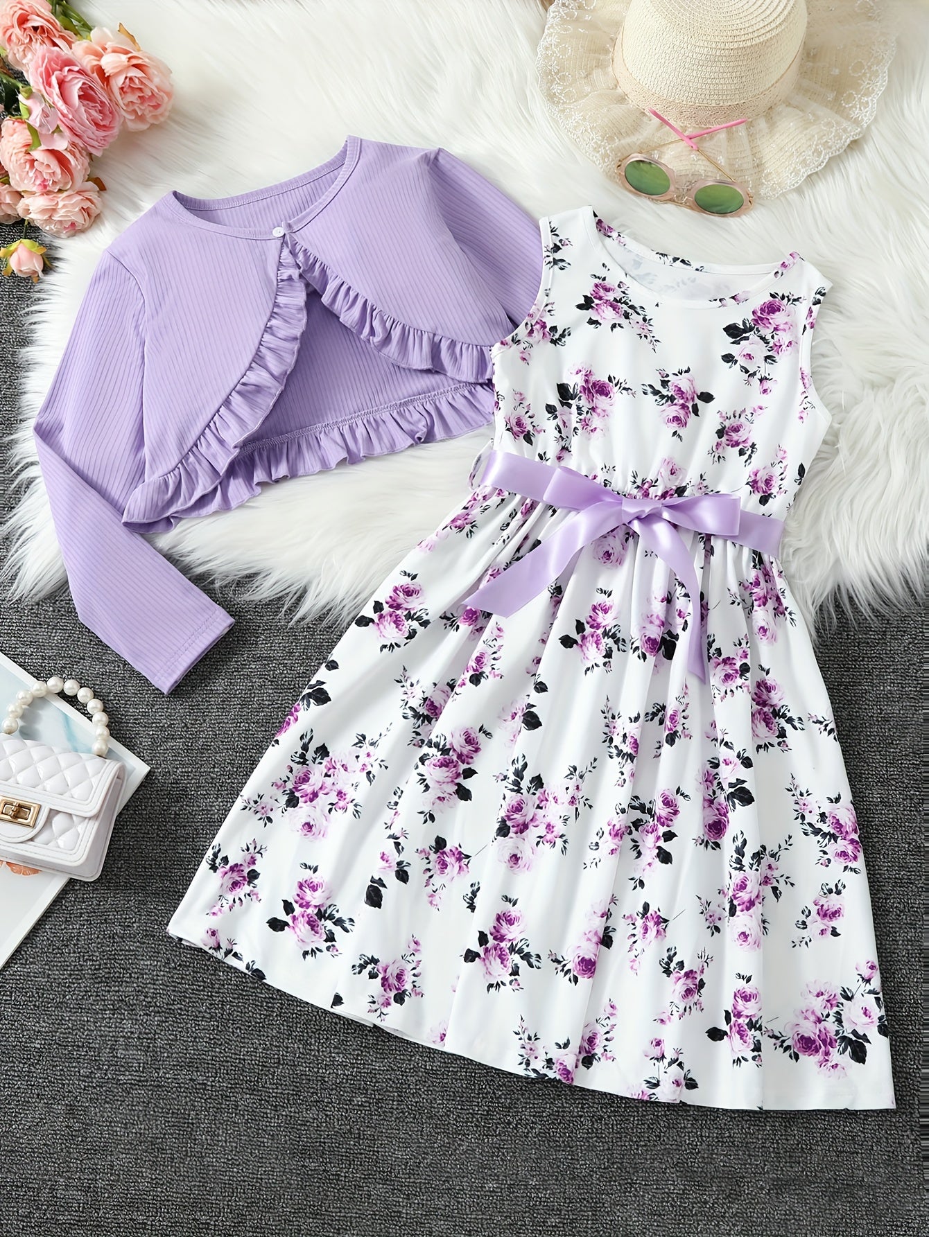 Elegant Toddle Girls 2 Piece Set Ruffle Decoration Cardigan Flower Print Sleeveless DressGifts