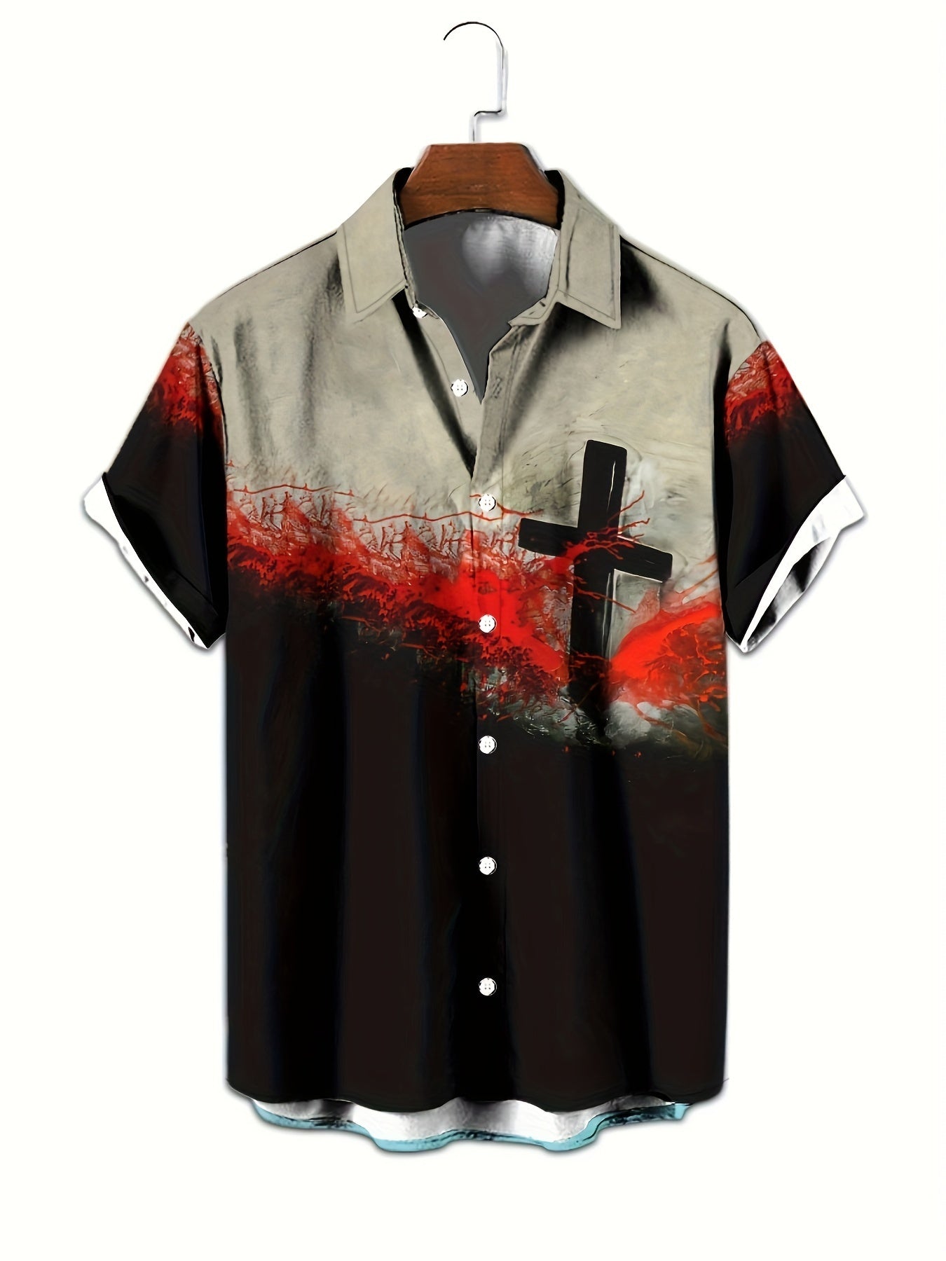 Men's Cross Graphic Color Blocking Short Sleeve Shirt For Summer, Casual Comfy Shirt As Gift