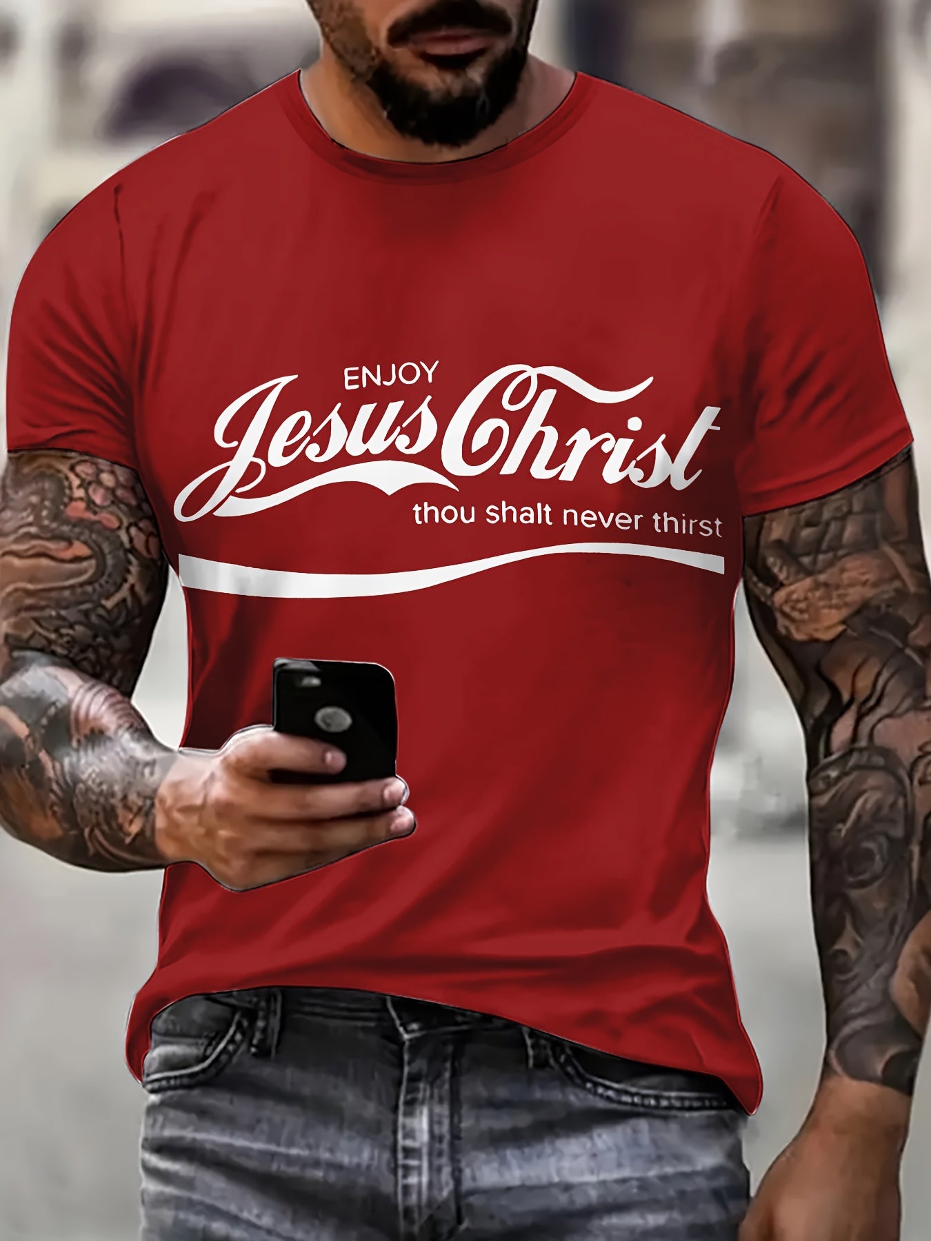 Men's Casual Crew Neck Polyester T-Shirt with Jesus Christ Graphic, Regular