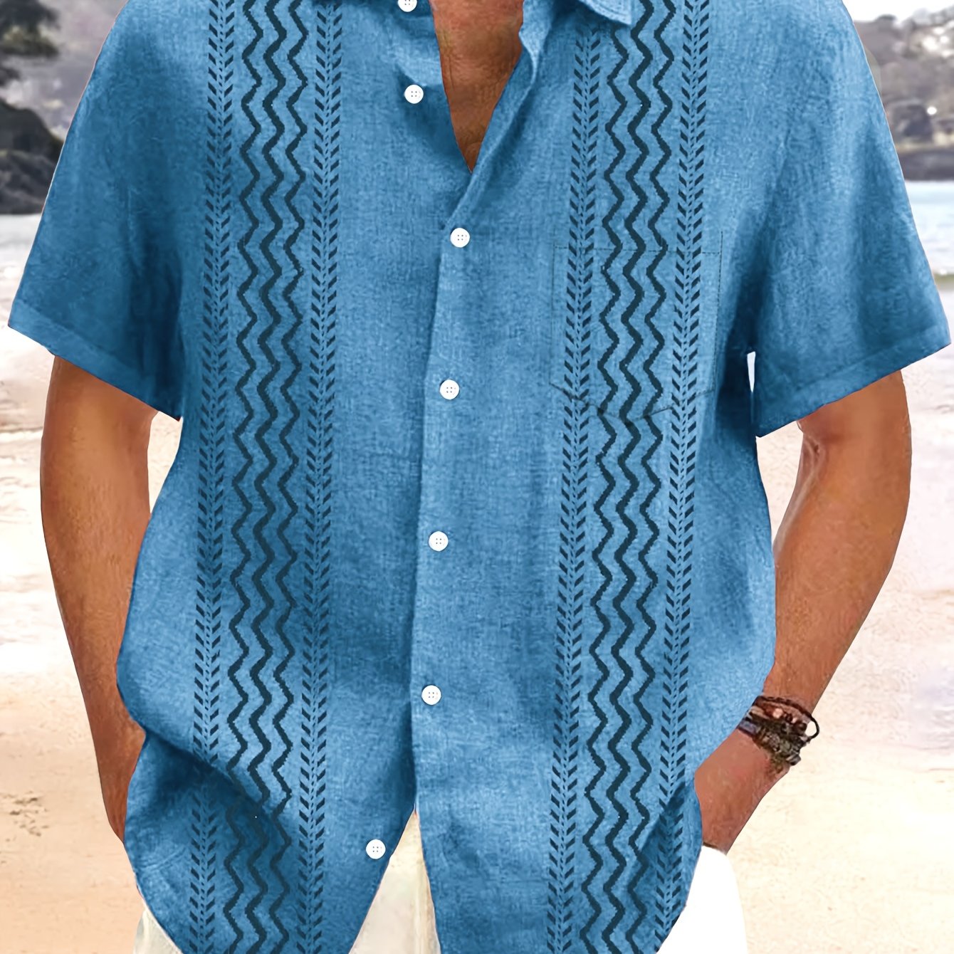 Men's Vintage Bohemian Geometric Print Short Sleeve Shirt with Button Pocket -