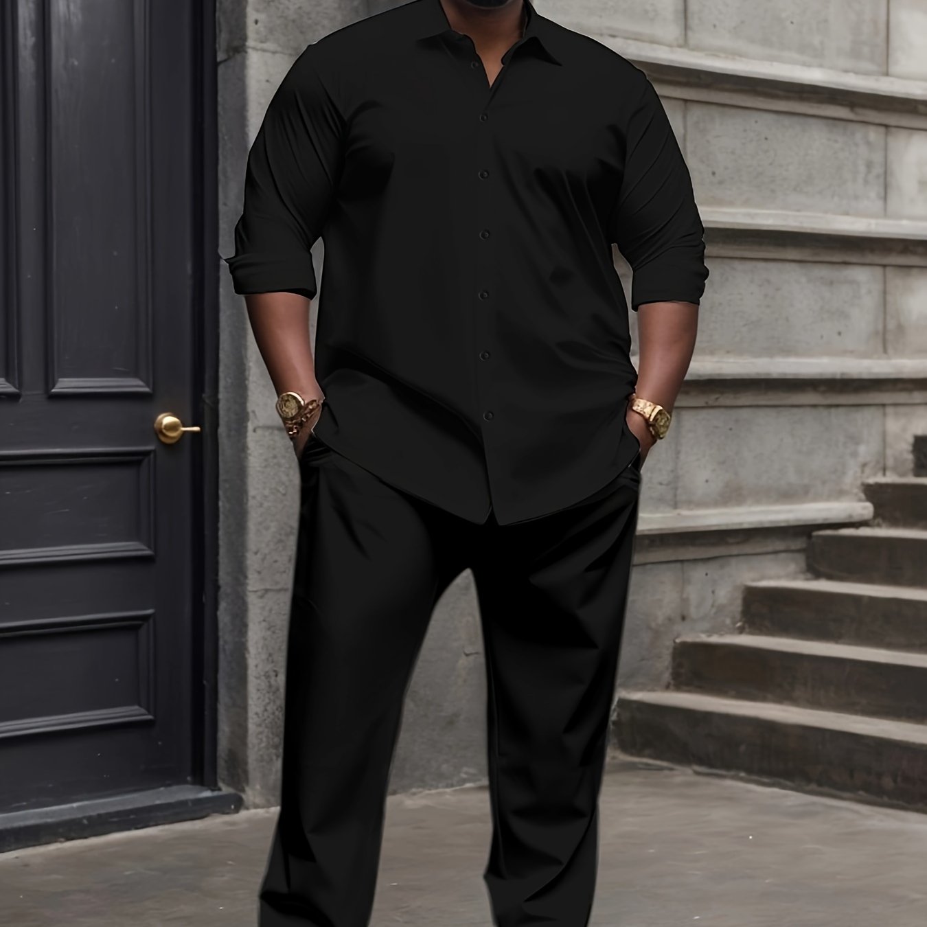 1set Men'S Plus Size Casual Suit Set - Polyester Lapel Shirt with Slight Stretch,