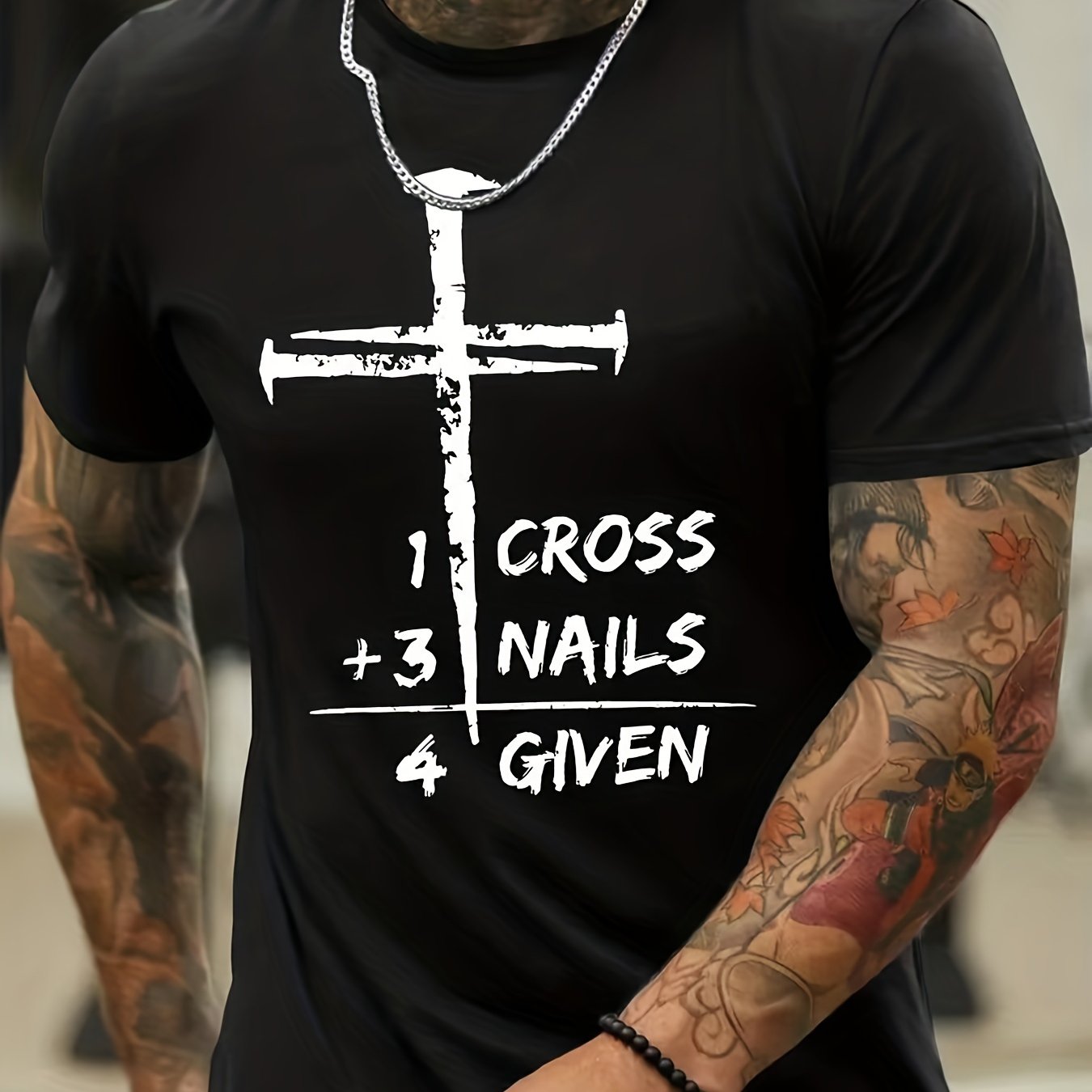 Men's Fashion Hot Selling Cross Nail Print T Shirt For Summer, Casual Short Sleeve Crew Neck Graphic