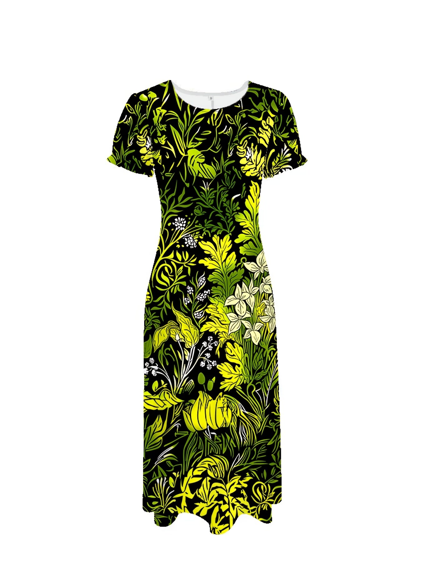 Plus Size Elegant Floral Print Dress - Chic Round Neck Short Sleeve Maxi