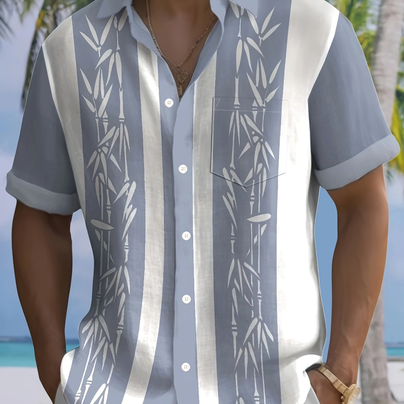 Men's Tropical Bamboo Print Button-Up Shirt with Pockets - Vintage Style,