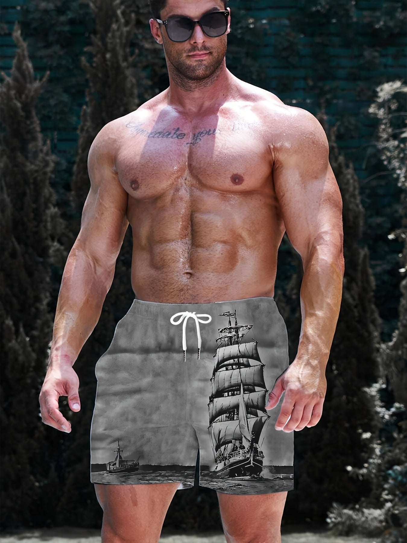 Men's Casual Beach Shorts with Vivid Digital Print of Sailing Ship -