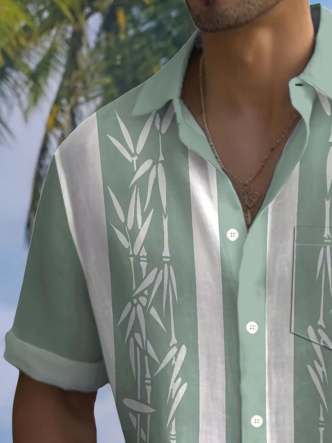 Men's Tropical Bamboo Print Button-Up Shirt with Pockets - Vintage Style,