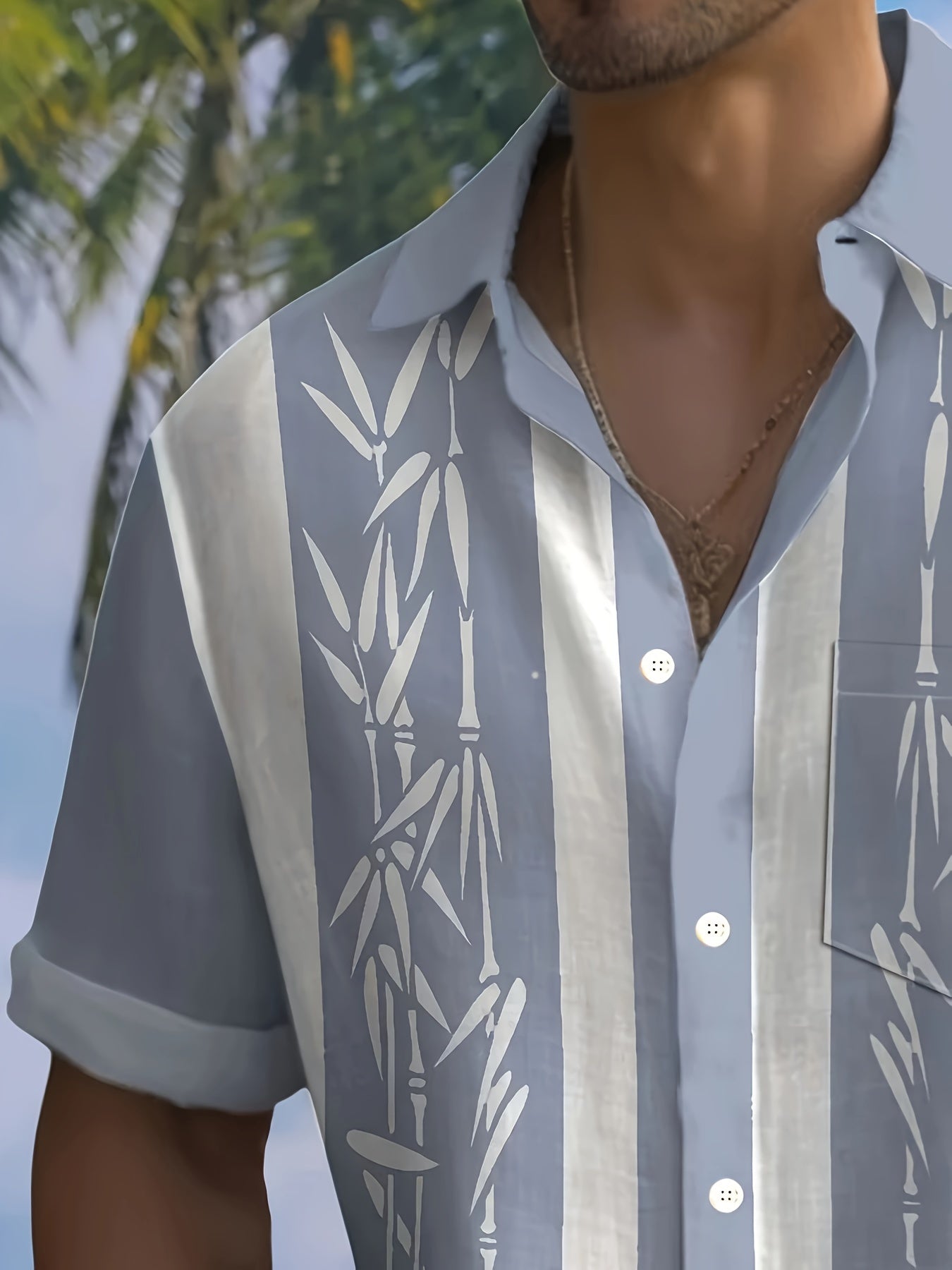 Men's Tropical Bamboo Print Button-Up Shirt with Pockets - Vintage Style,