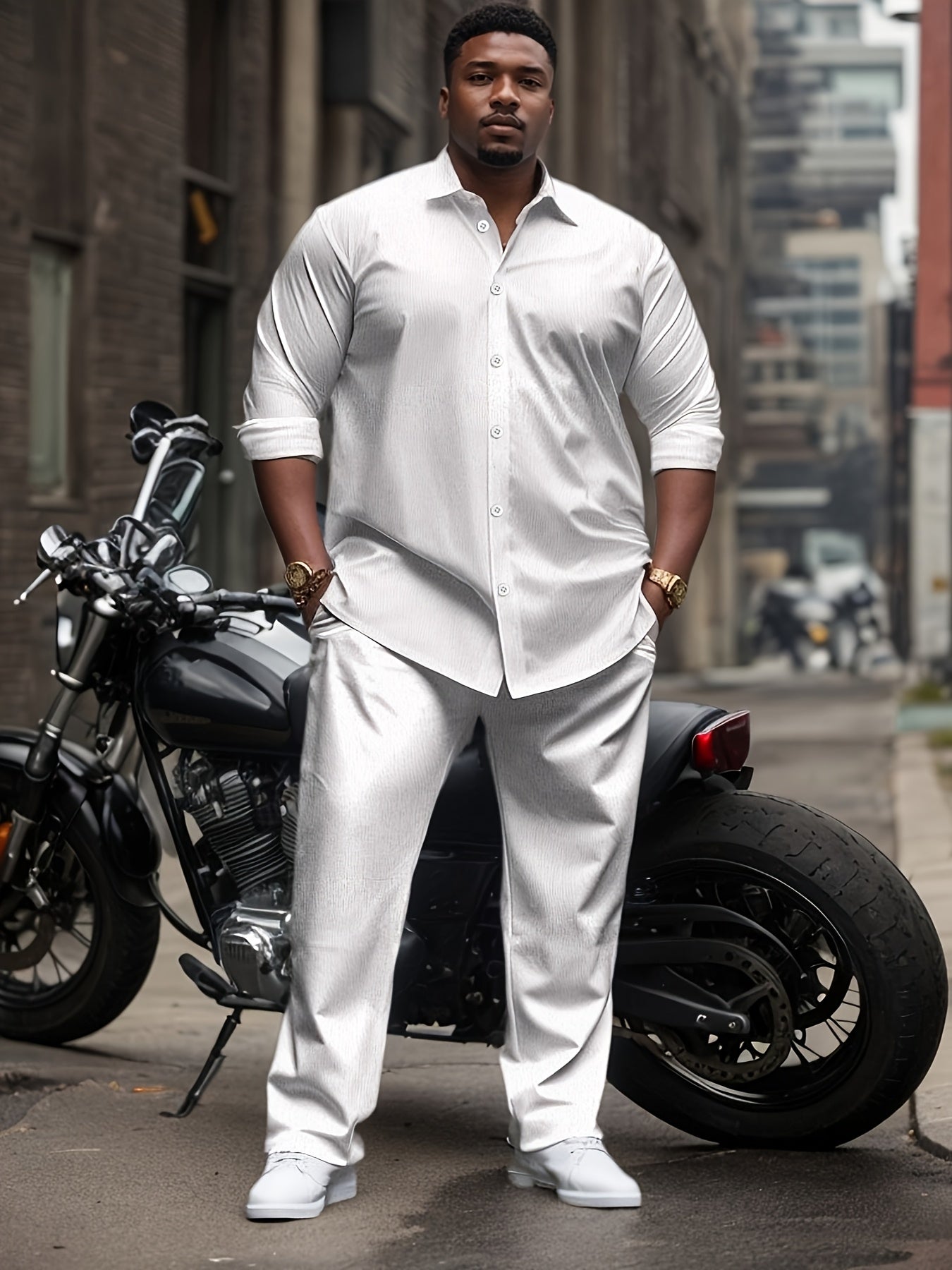 1set Men'S Plus Size Casual Suit Set - Polyester Lapel Shirt with Slight Stretch,
