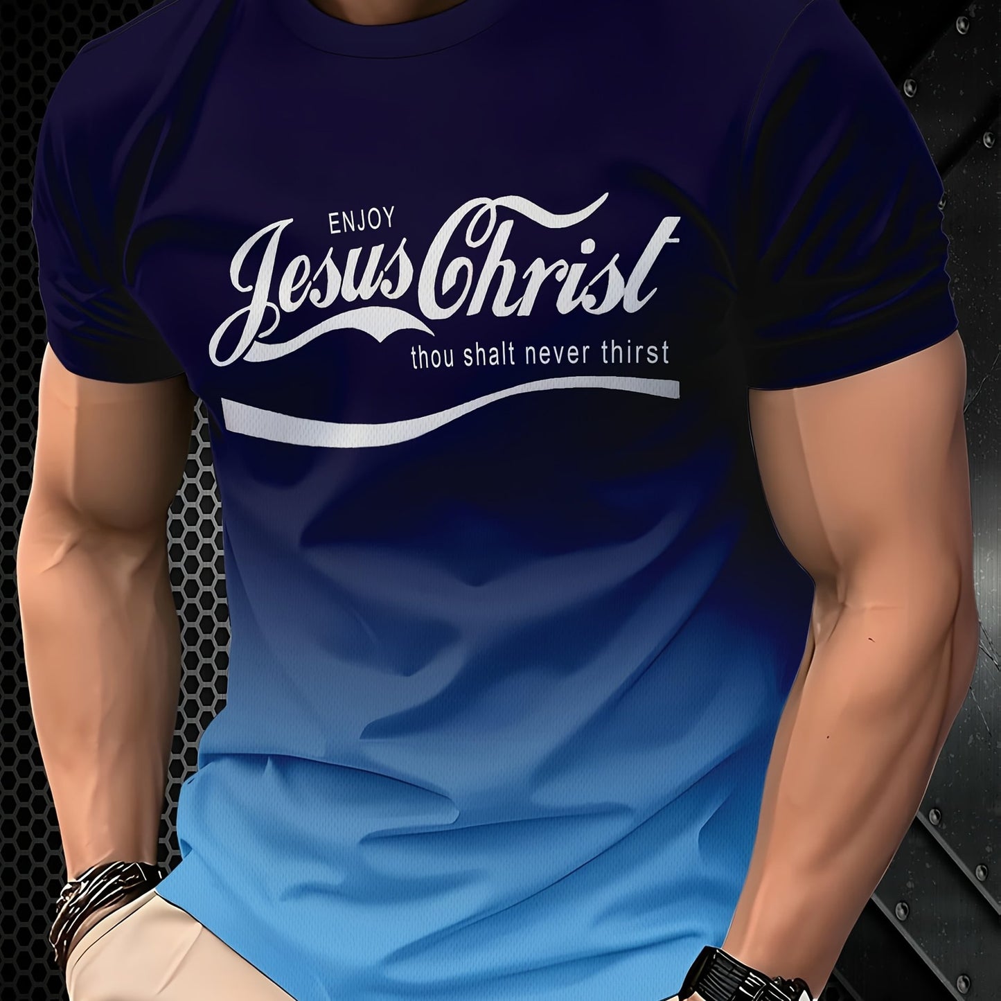 Men's 3D Printed Gradient Blue & Black T-Shirt - Casual Short Sleeve, Summer Outdoor Wear, Stretch Polyester Blend