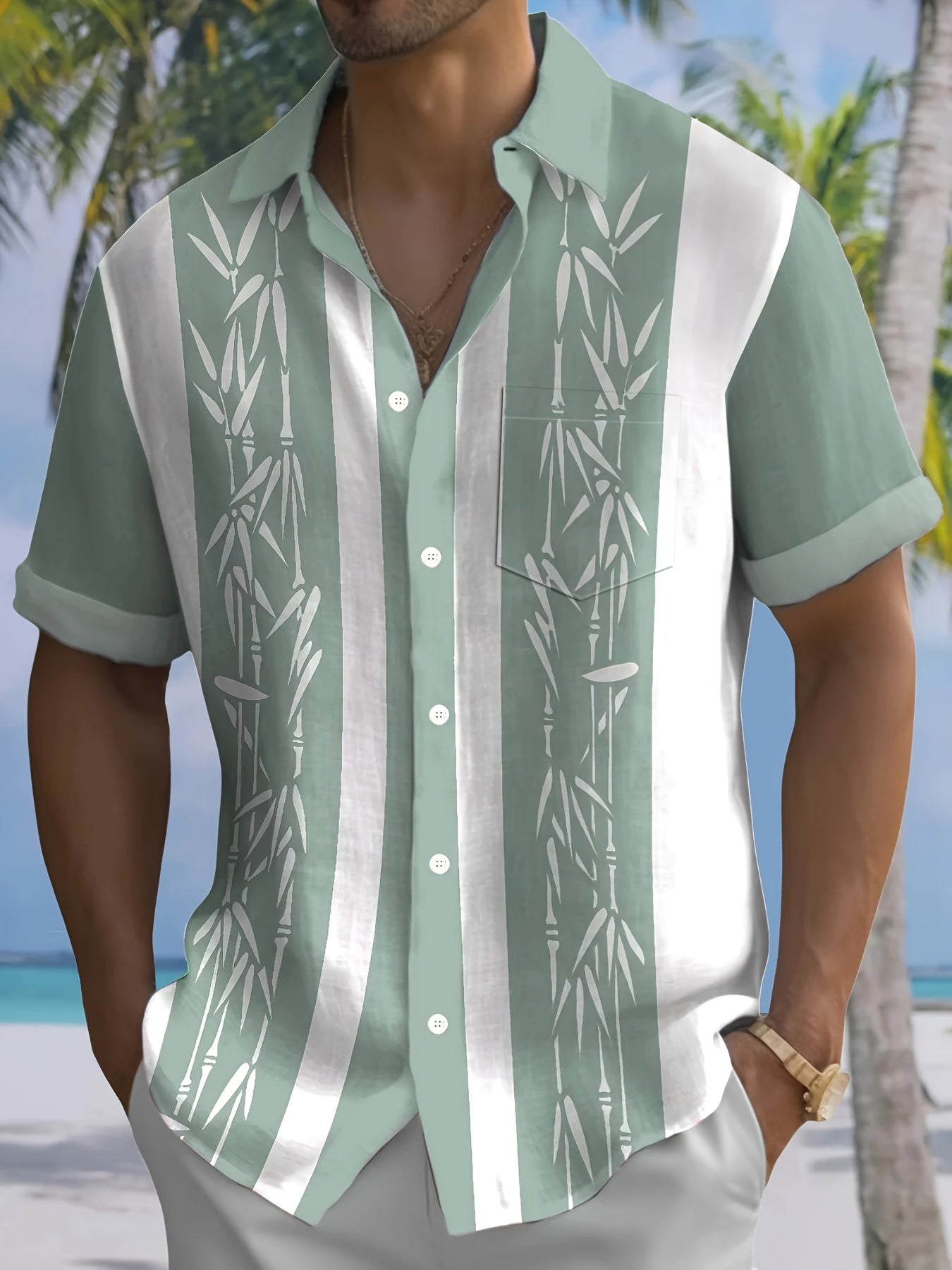 Men's Tropical Bamboo Print Button-Up Shirt with Pockets - Vintage Style,