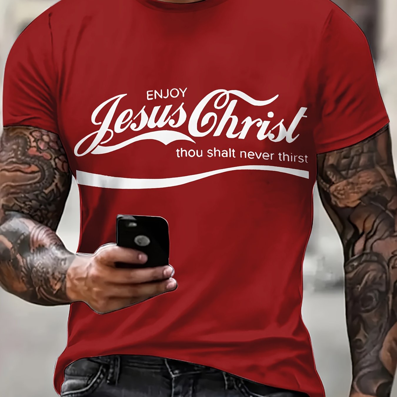 Men's Casual Crew Neck Polyester T-Shirt with Jesus Christ Graphic, Regular