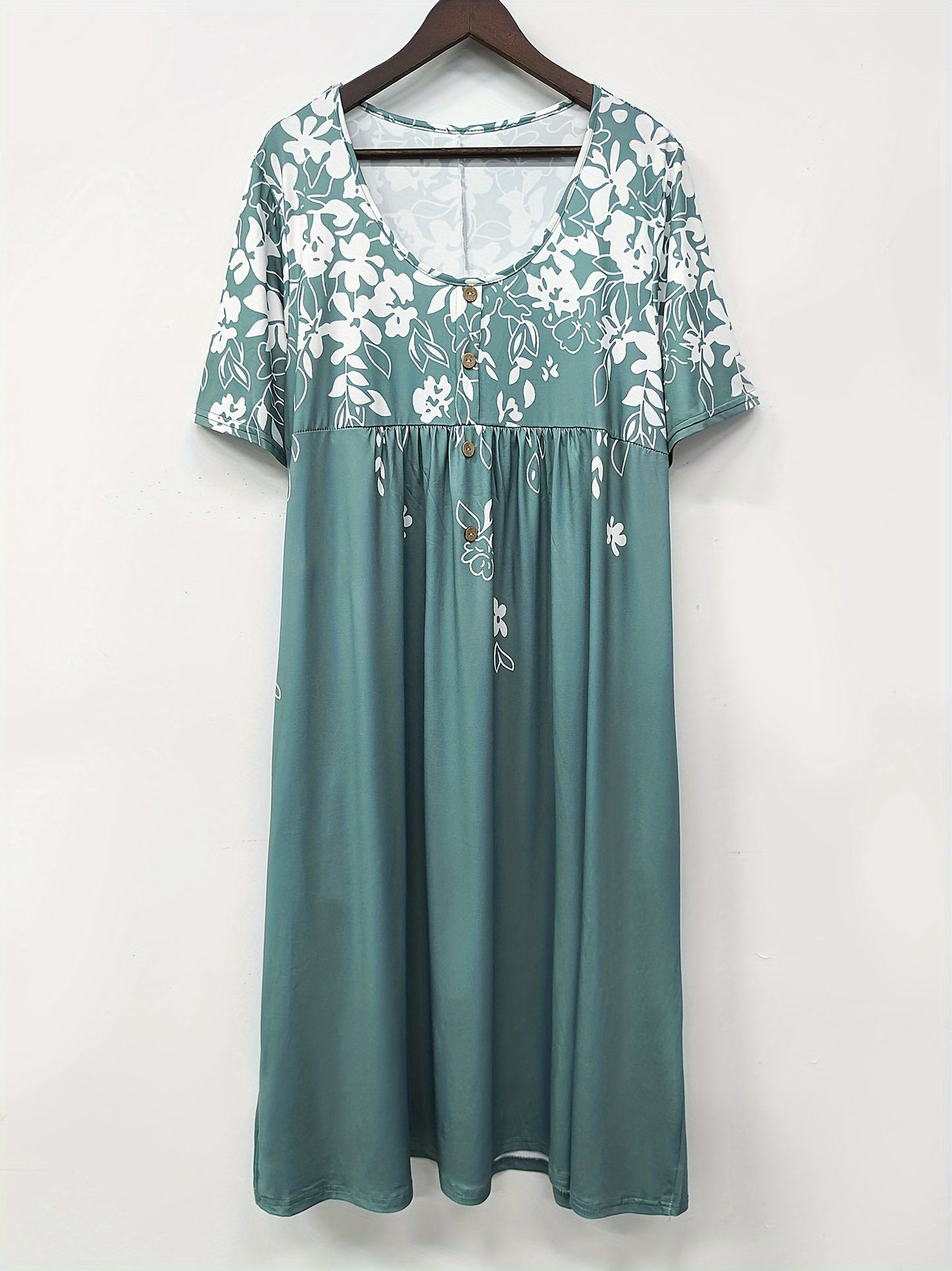 Elegant Floral Print Plus Size Midi Dress with Pockets - Crew Neck,