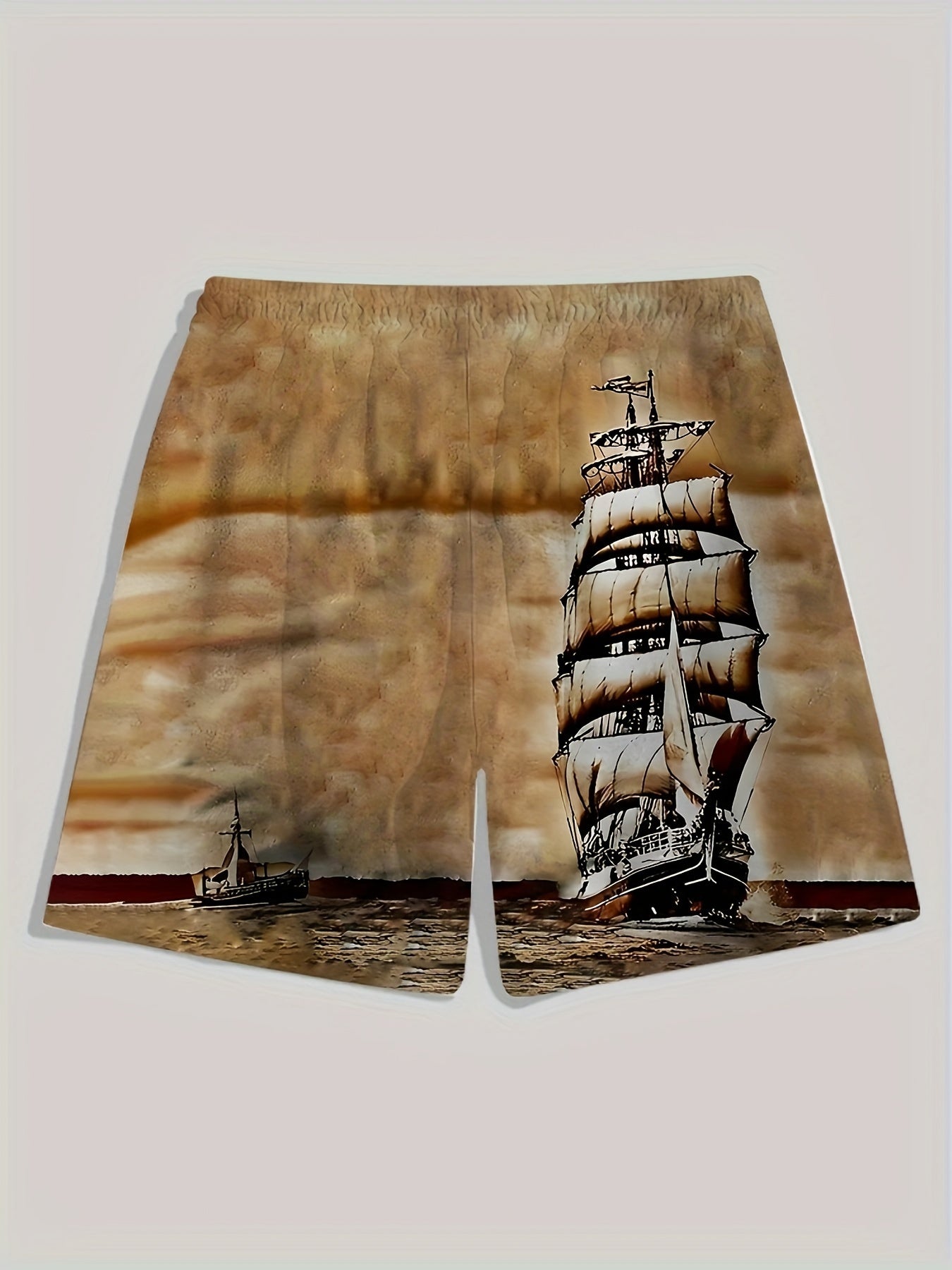 Men's Casual Beach Shorts with Vivid Digital Print of Sailing Ship -