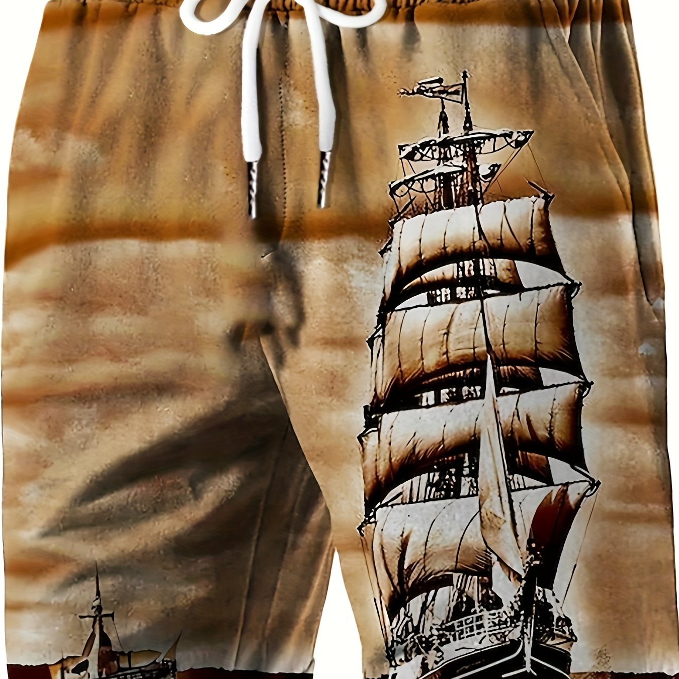Men's Casual Beach Shorts with Vivid Digital Print of Sailing Ship -