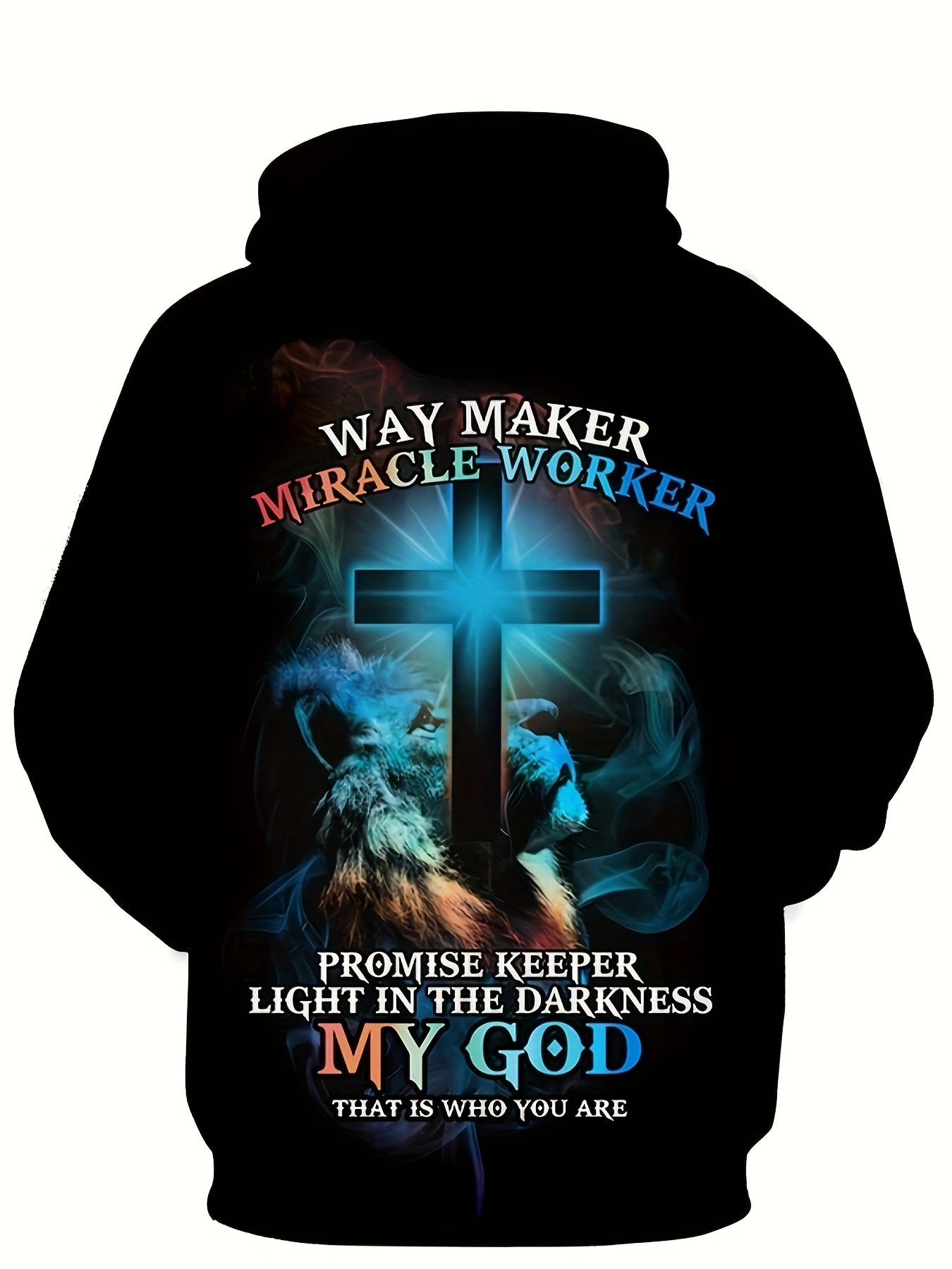 Lion And Cross Pattern And MIRACLE WORKER Letter Print Hooded Sweatshirt With Drawstring For Men