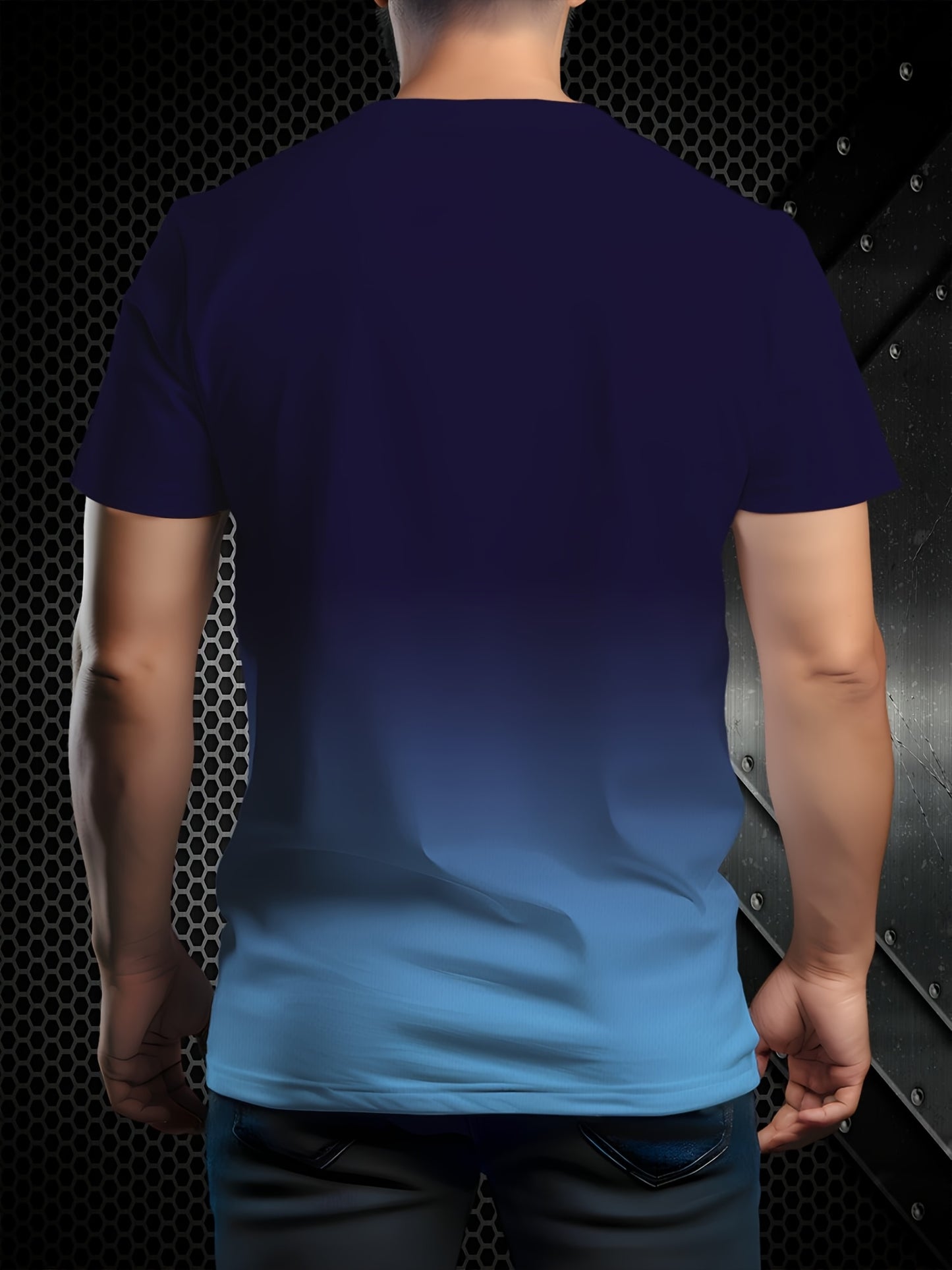 Men's 3D Printed Gradient Blue & Black T-Shirt - Casual Short Sleeve, Summer Outdoor Wear, Stretch Polyester Blend